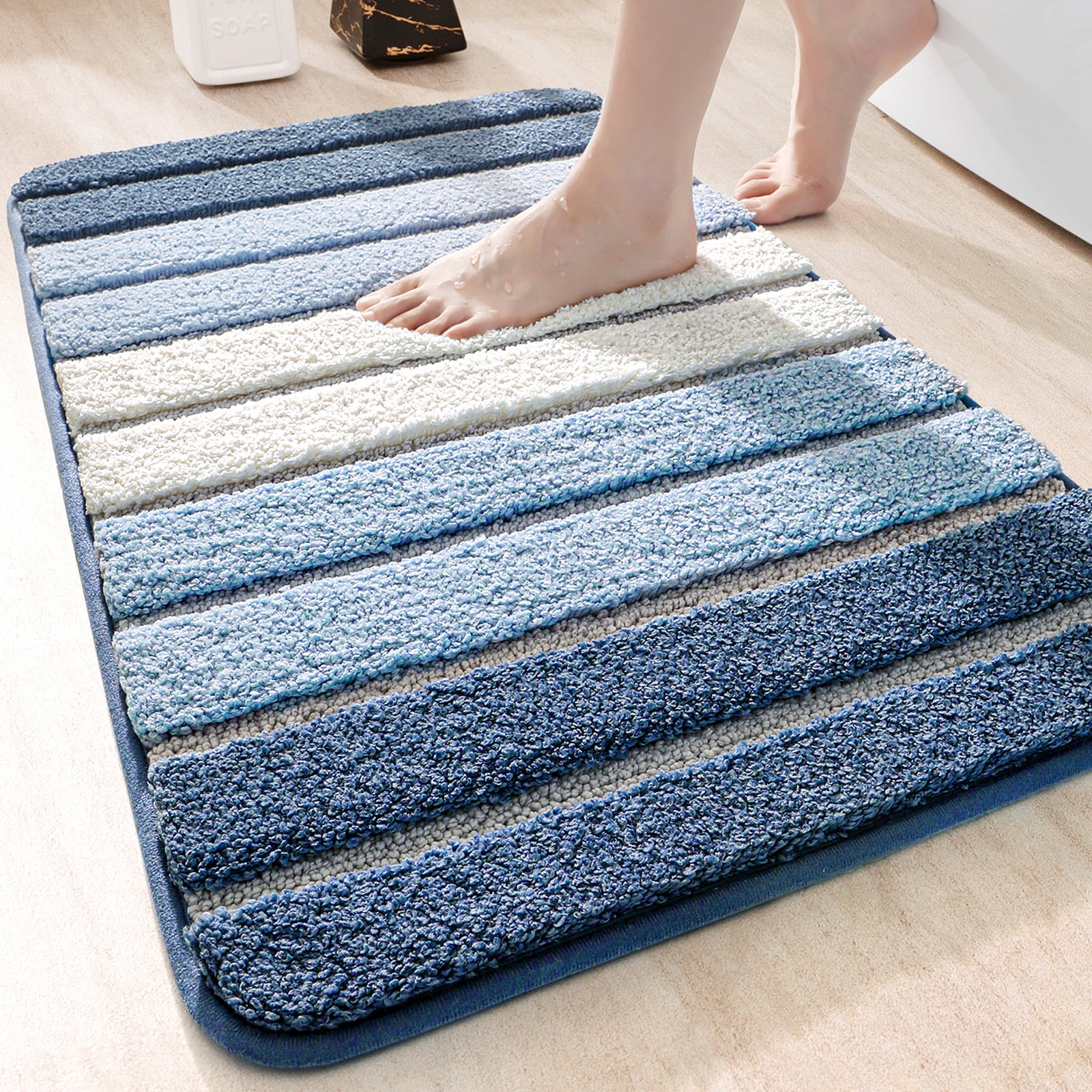 OEAKAY Bath Mat Bathroom Rug Absorbent Non-Slip Washable Shower Floor Mats Small Carpet 16"x24",Turquoise Teal and White