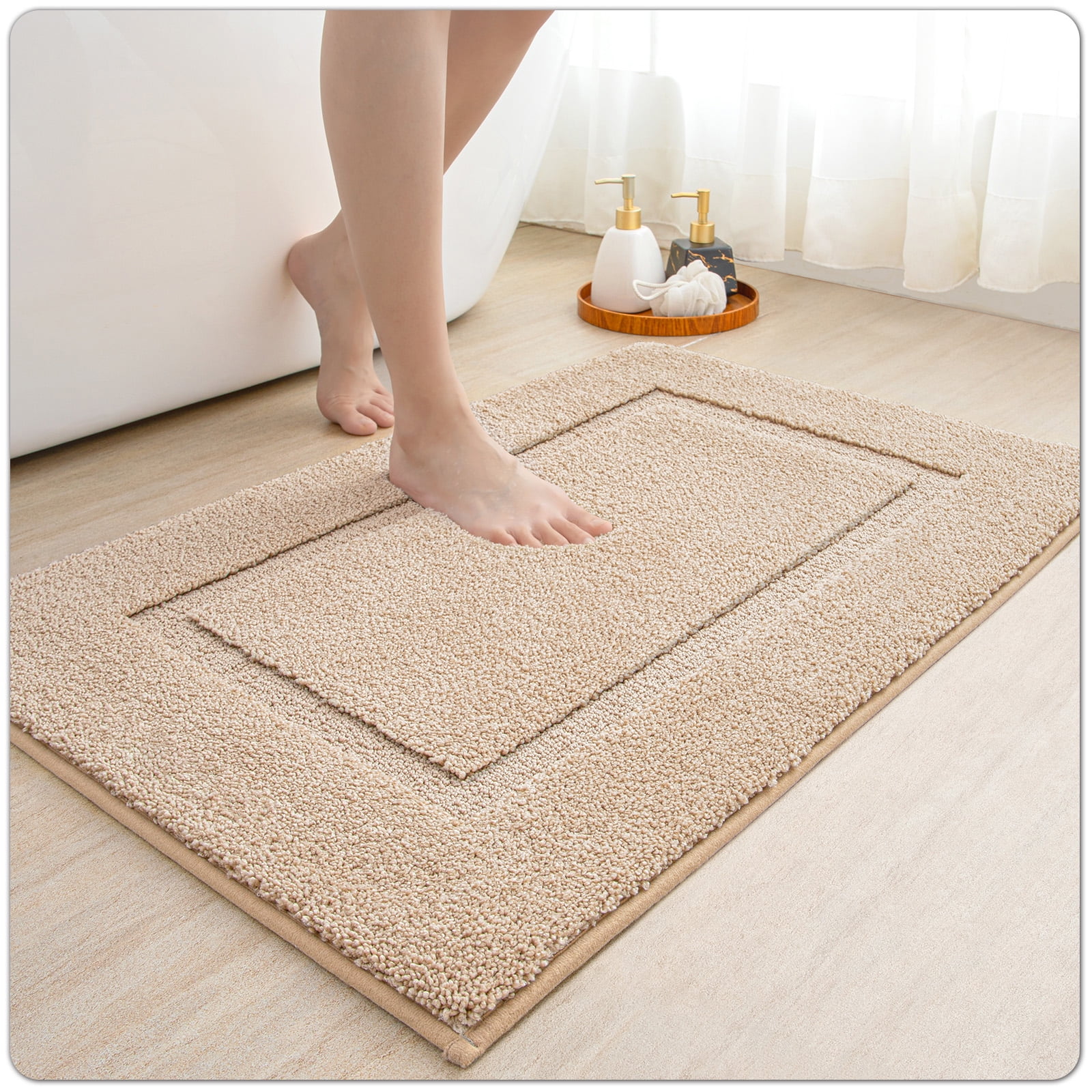 OEAKAY Bathroom Rug, Super Absorbent Bathroom Mat and Rug, Premium Microfiber Shag Bath Rug, Non-Slip Bath Mat for Bathroom Floor Machine Washable (24"x16", Beige)