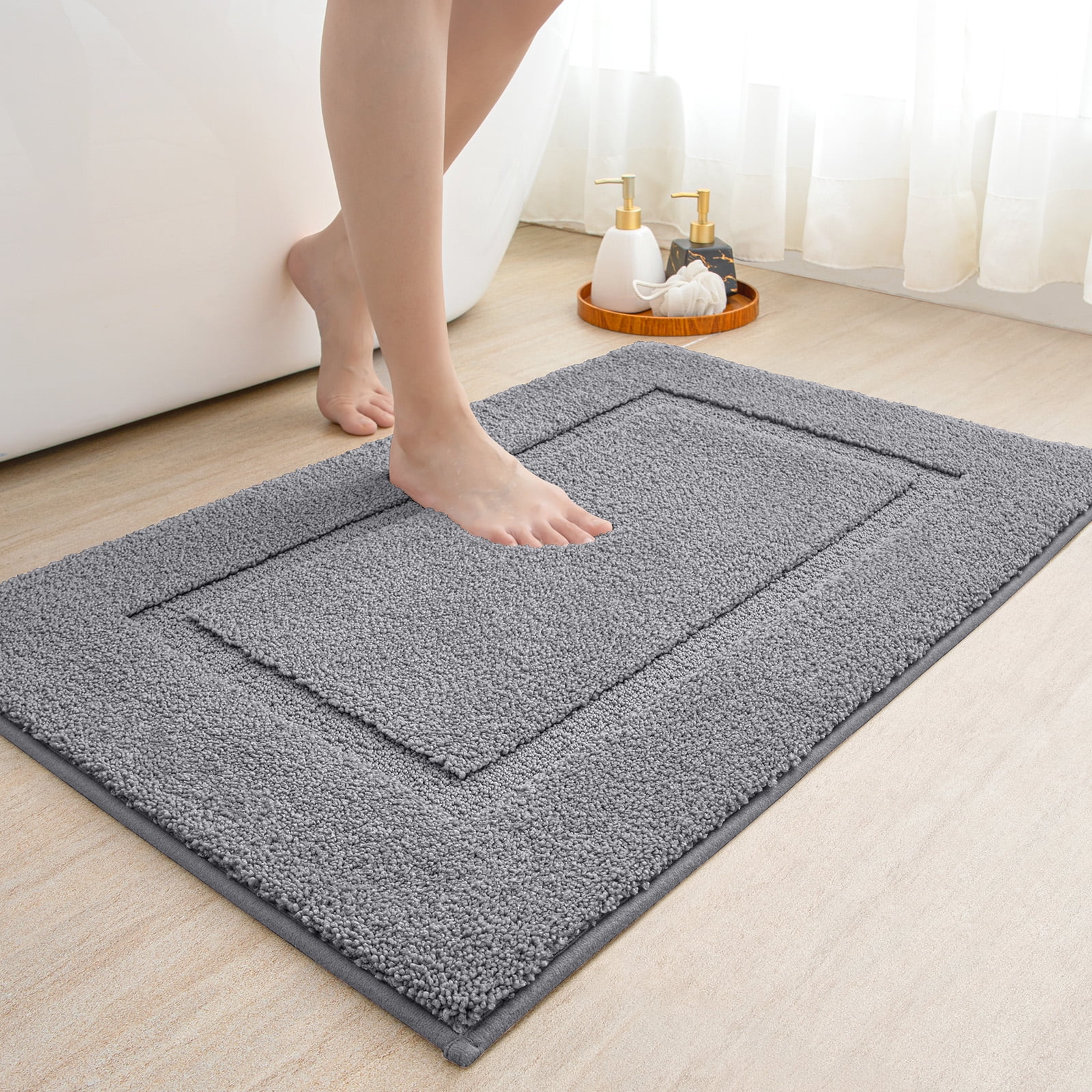 OEAKAY Bathroom Rug, Super Absorbent Bathroom Mat and Rug, Premium Microfiber Shag Bath Rug, Non-Slip Bath Mat for Bathroom Floor Machine Washable (24"x16", Beige)