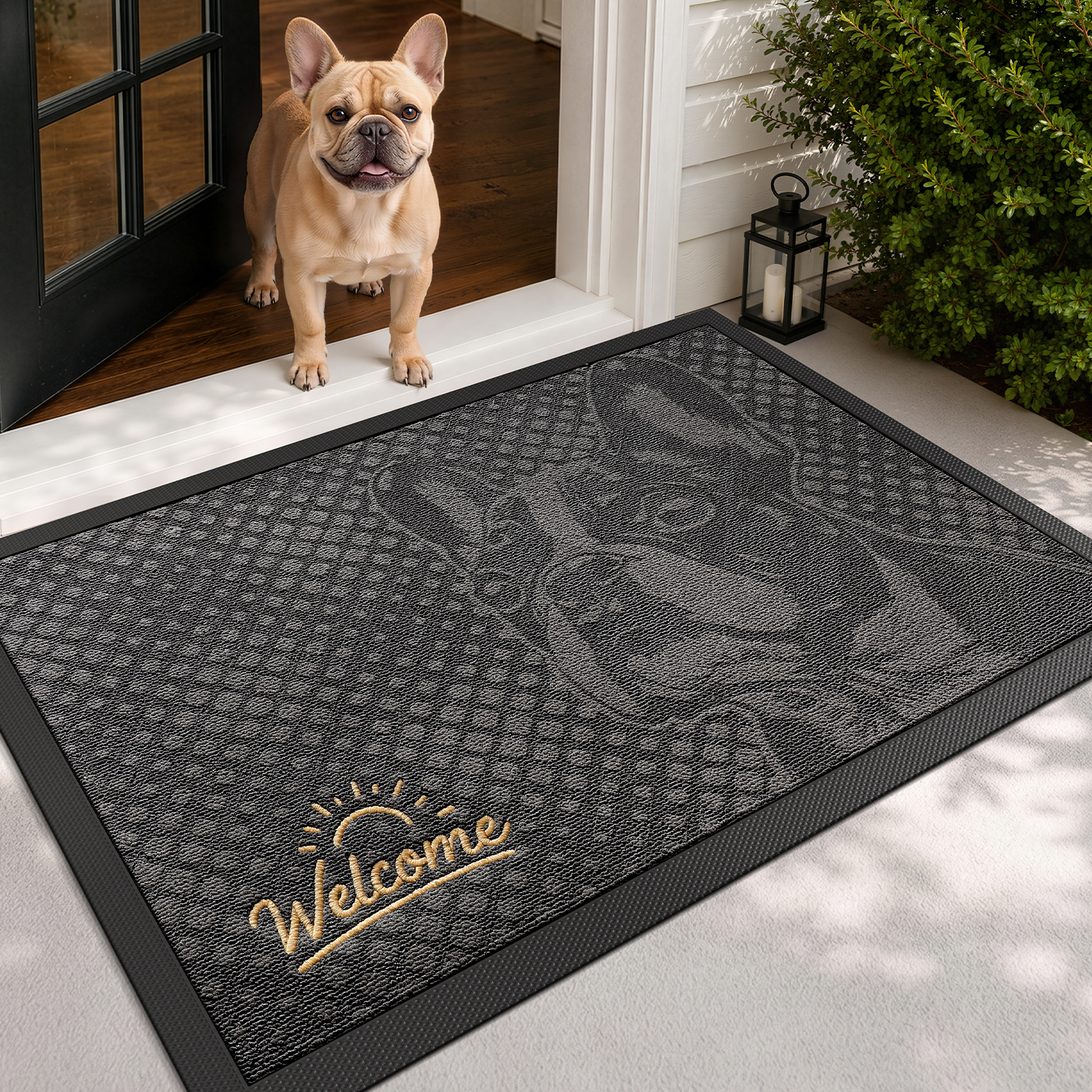 PABUBE Outdoor Doormat, French Bulldog Welcome Mat, Heavy Duty Durable Doormat Outdoor Entrance, Non-Slip Dirt & Mud Trapper Outdoor Mat for Front Doors