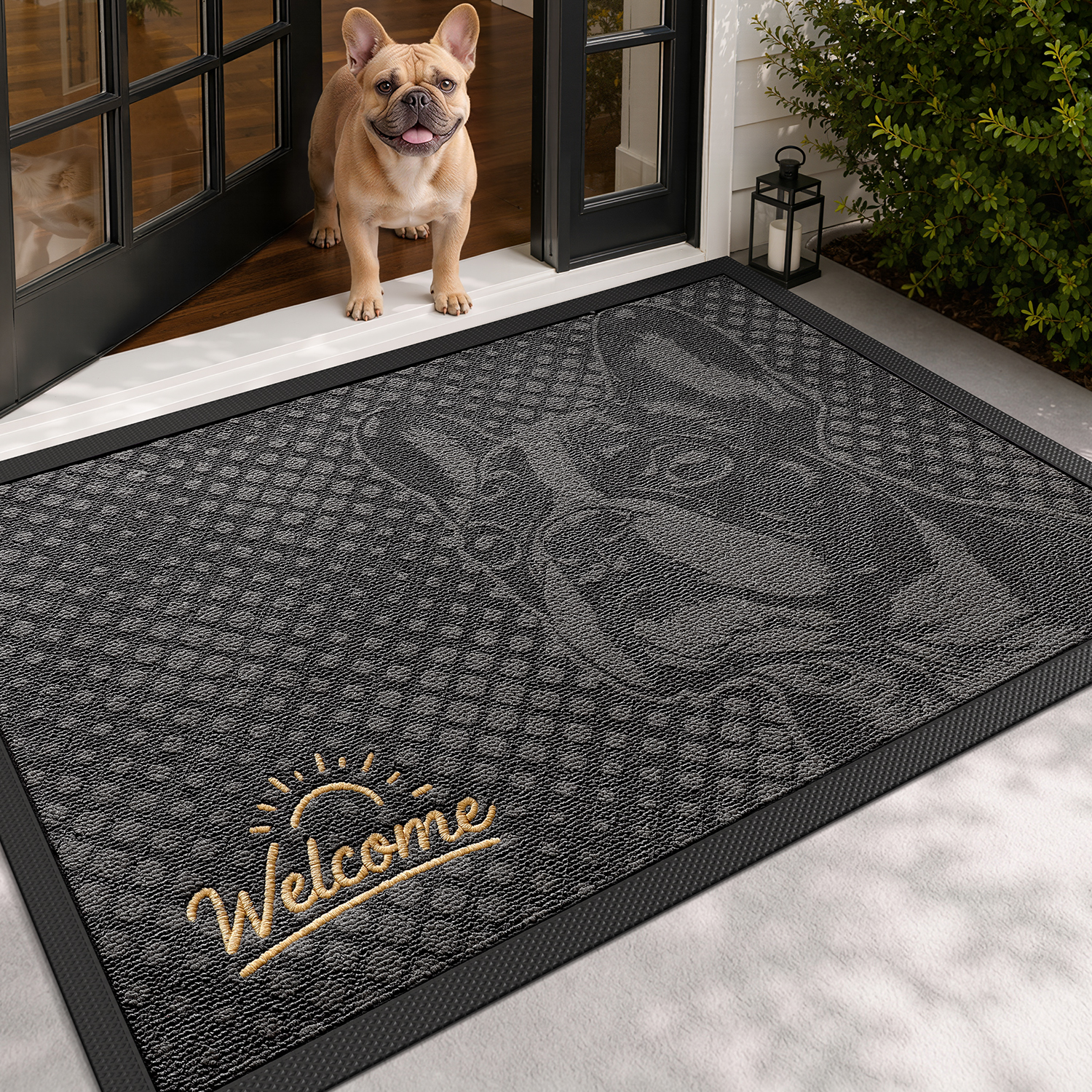 PABUBE Outdoor Doormat, French Bulldog Welcome Mat, Heavy Duty Durable Doormat Outdoor Entrance, Non-Slip Dirt & Mud Trapper Outdoor Mat for Front Doors
