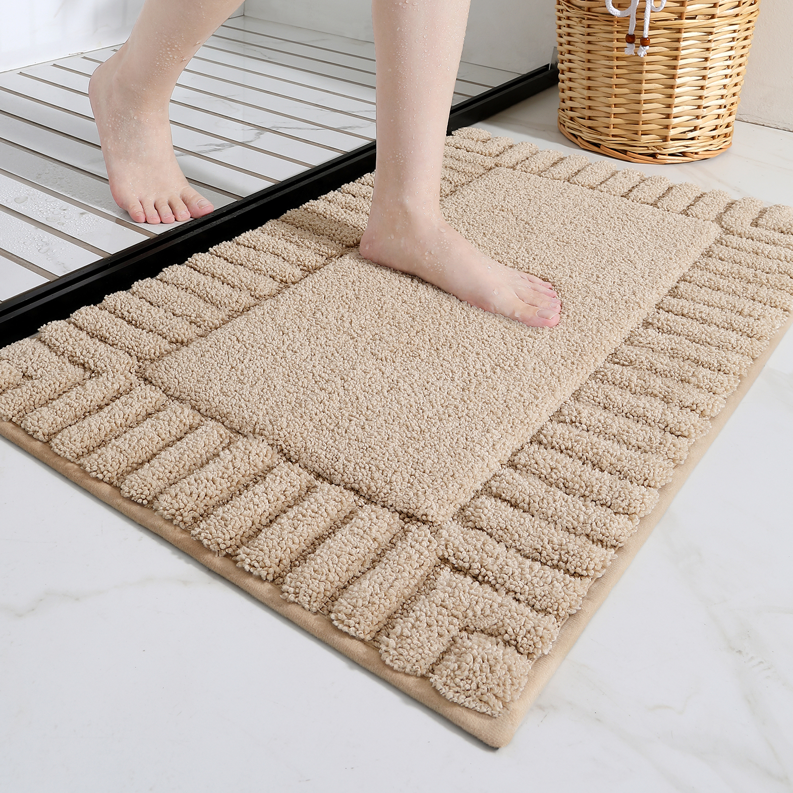 PABUBE Bathroom Rugs, Absorbent Bath Mats Rugs for Bathroom Floor Non Slip Non Skid, Soft Shag Microfiber Machine Washable Shower Bath Mat for Bathroom Decor