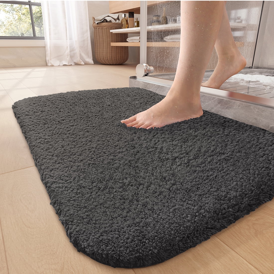 PABUBE Bathroom Rug Non-Slip Bathroom Mat Shag Bath Rugs Microfiber, Absorbent Bath Mat, Machine Washable,17"x24",White
