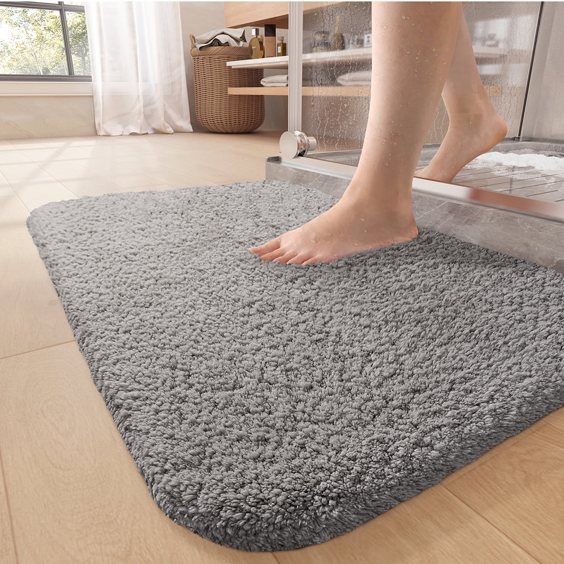 PABUBE Bathroom Rug Non-Slip Bathroom Mat Shag Bath Rugs Microfiber, Absorbent Bath Mat, Machine Washable,17"x24",White