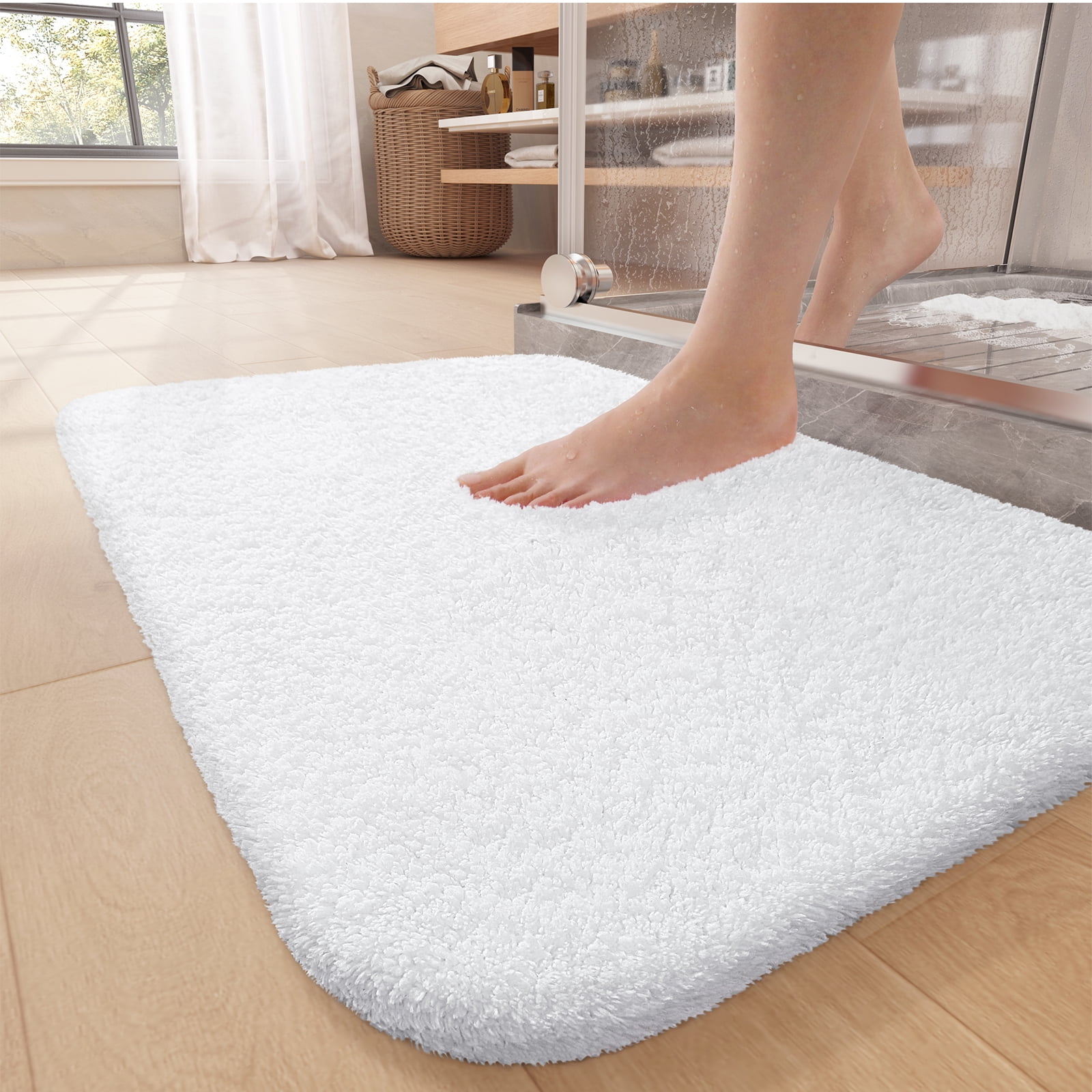 PABUBE Bathroom Rug Non-Slip Bathroom Mat Shag Bath Rugs Microfiber, Absorbent Bath Mat, Machine Washable,17"x24",White