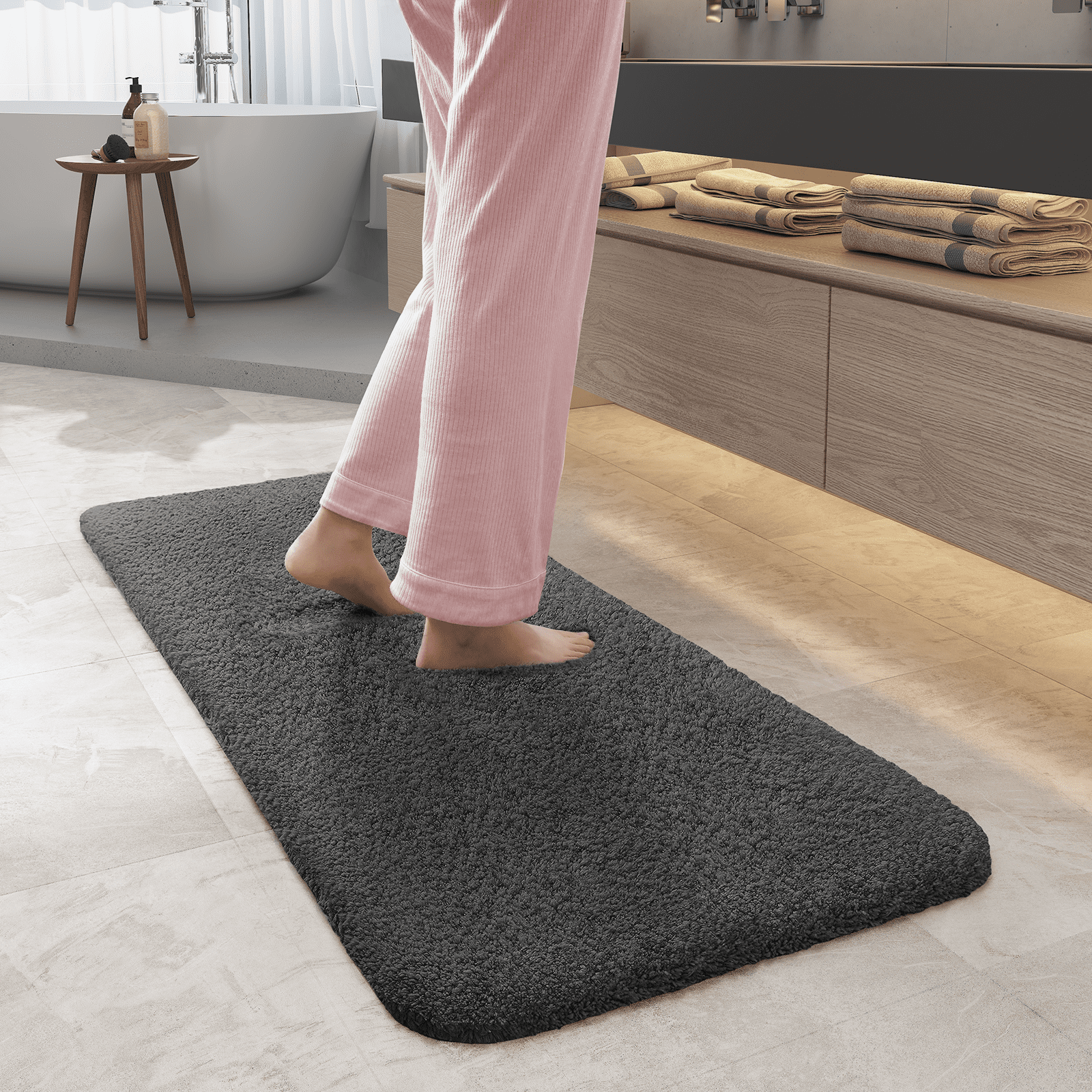 PABUBE Bathroom Rug Non-Slip Bathroom Mat Shag Bath Rugs Microfiber, Absorbent Bath Mat, Machine Washable,17"x24",White