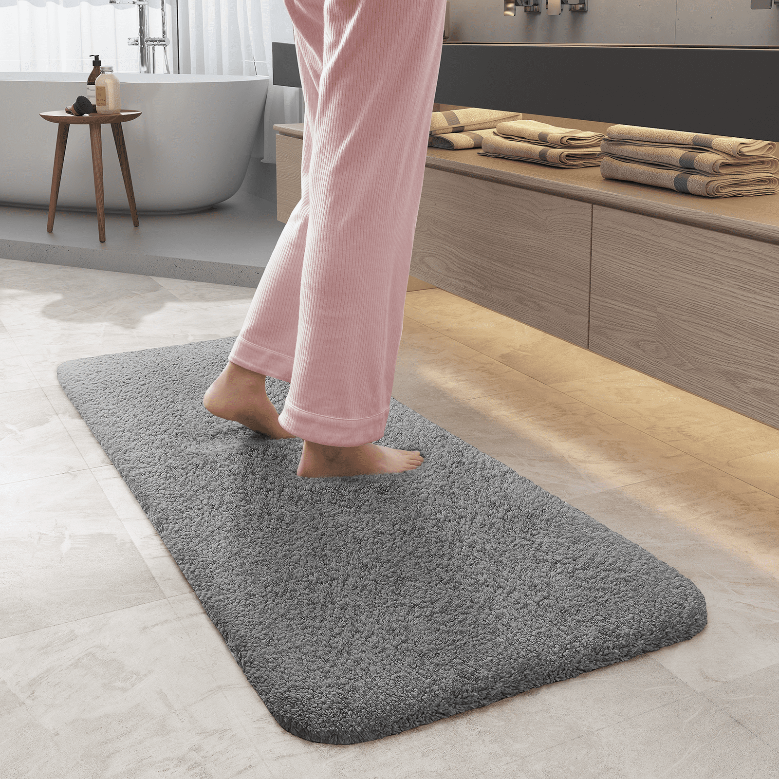 PABUBE Bathroom Rug Non-Slip Bathroom Mat Shag Bath Rugs Microfiber, Absorbent Bath Mat, Machine Washable,17"x24",White