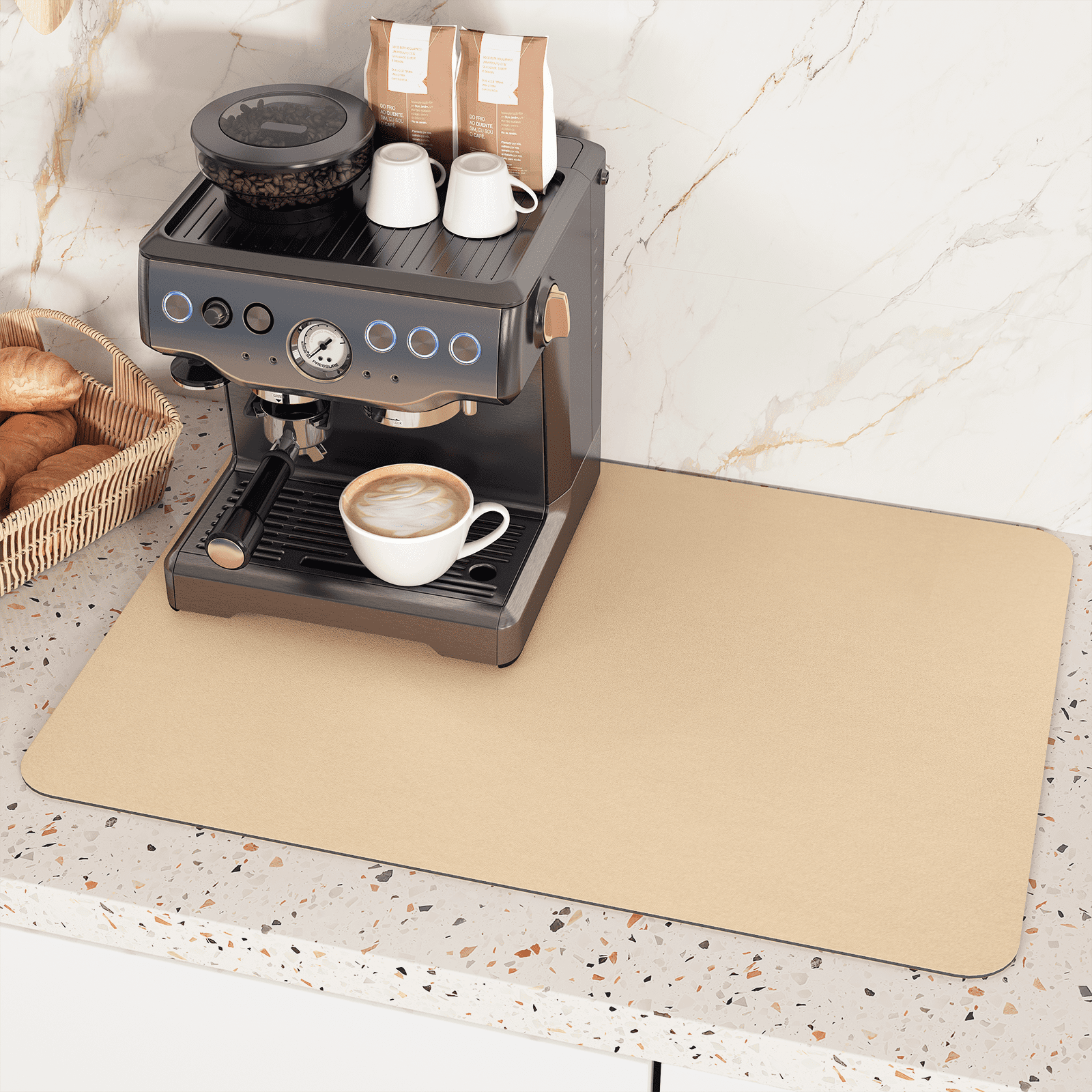 PABUBE Dish Drying Mats for Kitchen, Coffee Mat Super Absorbent Easy clean Dish Mat, Coffee Bar Accessories Fit Under Coffee Maker, 12"X19" Khaki