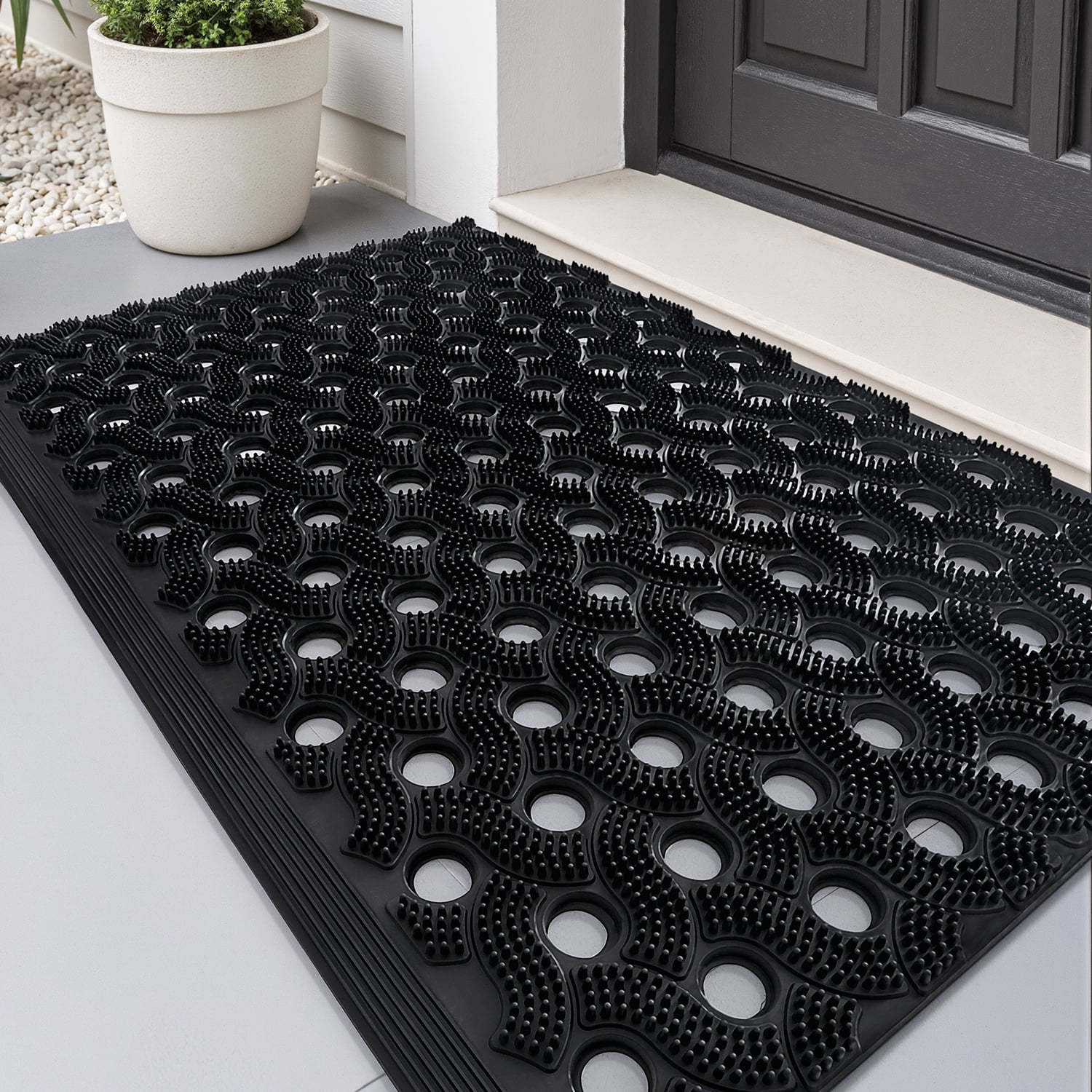 PABUBE Outdoor Doormat ,Durable Interlocking Welcome Mat, Dirt Trapper Rubber Mat and Non-Slip Low Pile Doormat for Entry Rug,Black