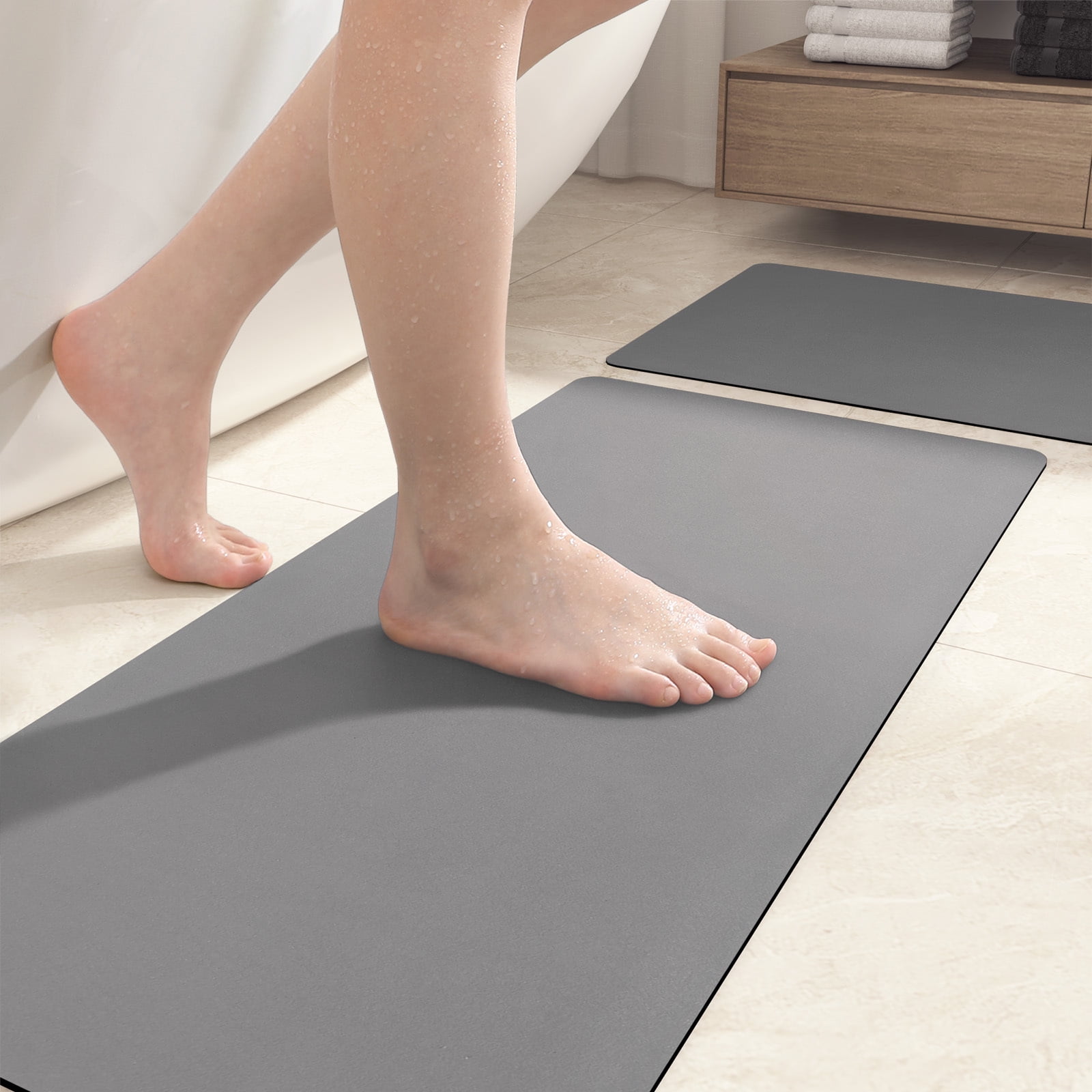 PABUBE Super Absorbent Quick Dry Bath Mat, Thin Bathroom Rug Fit Under Door, Washable Bath Rugs Shower Floor Mat, 16" x 24", Gray