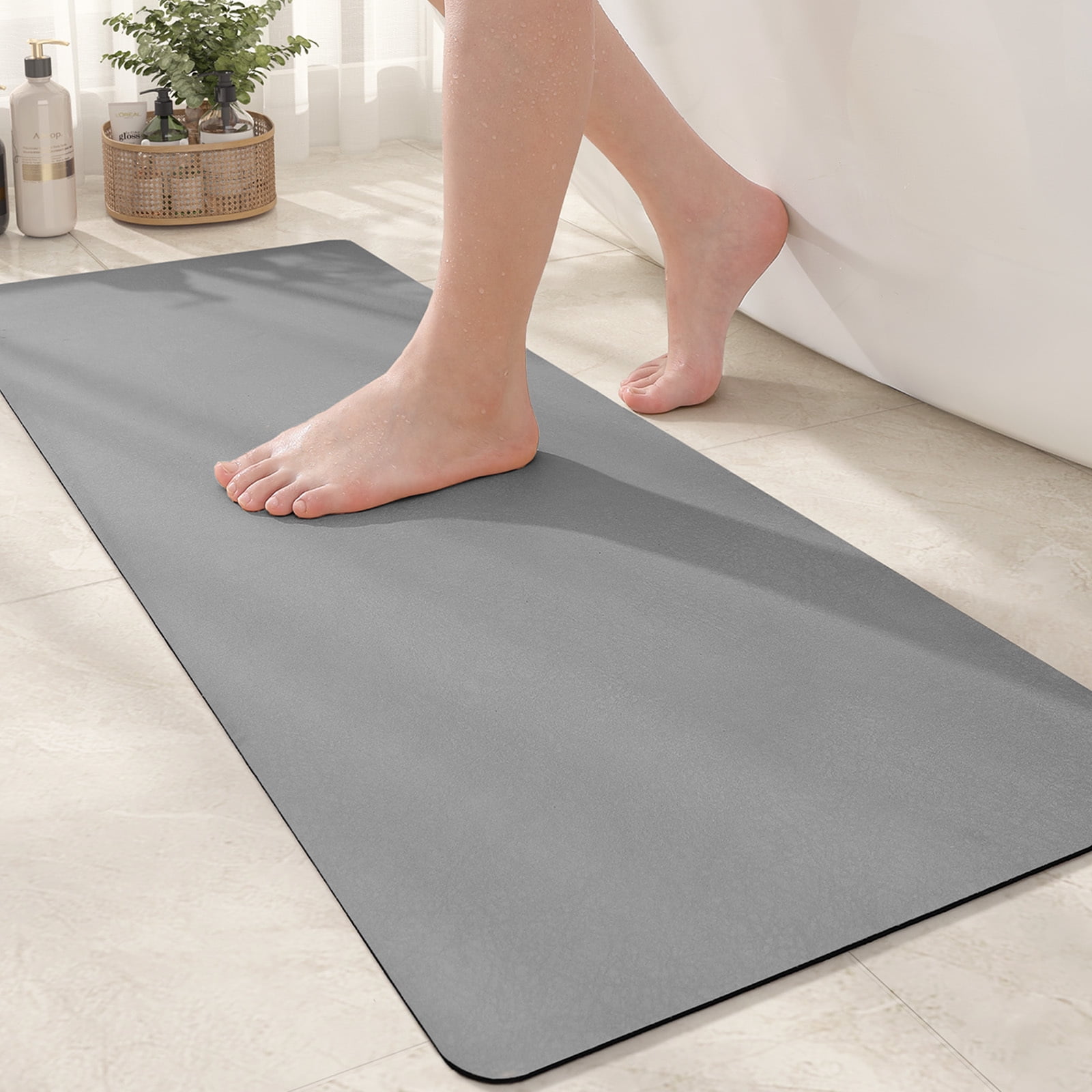 PABUBE Super Absorbent Quick Dry Bath Mat, Thin Bathroom Rug Fit Under Door, Washable Bath Rugs Shower Floor Mat, 16" x 24", Gray