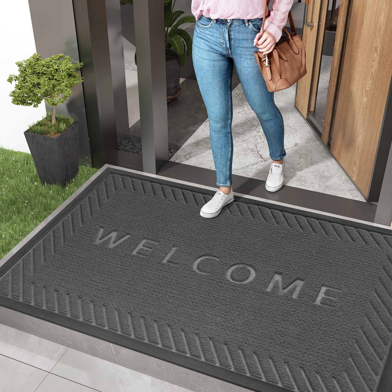 PABUBE Welcome Mat Front Door Mat Non-slip Doormat, Low Profile Outdoor Doormat Entry Rug for Entryway, Patio