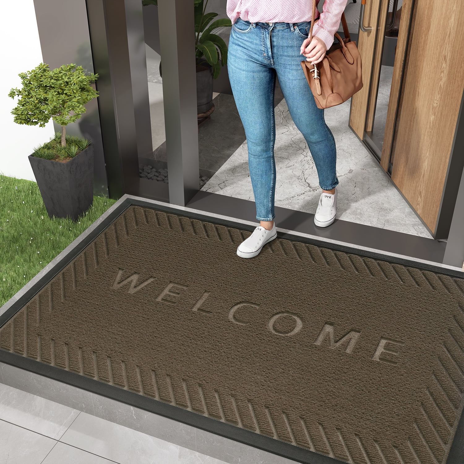PABUBE Welcome Mat Front Door Mat Non-slip Doormat, Low Profile Outdoor Doormat Entry Rug for Entryway, Patio