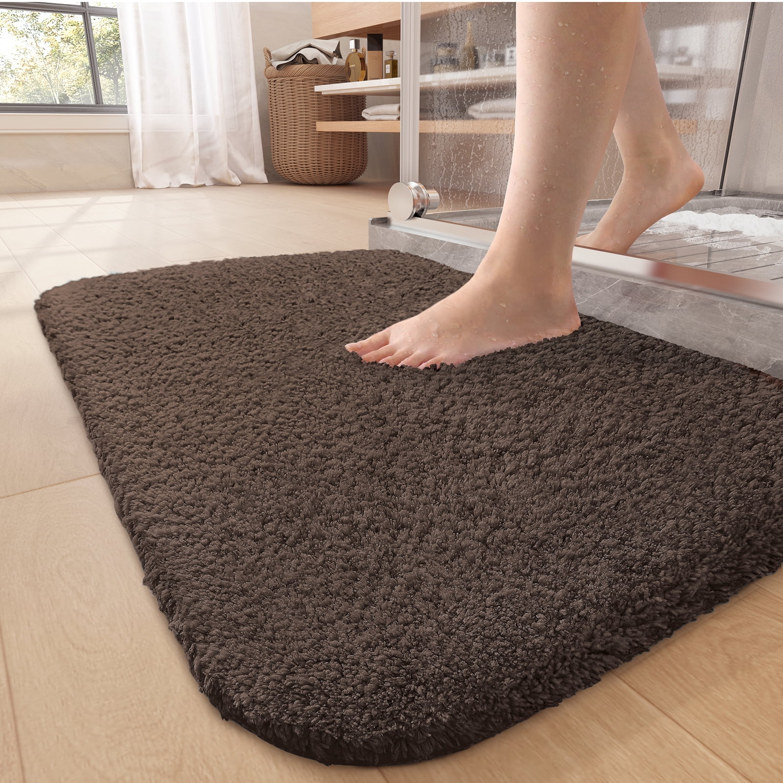 PABUBE Bathroom Rug Non-Slip Bathroom Mat Shag Bath Rugs Microfiber, Absorbent Bath Mat, Machine Washable,17"x24",White