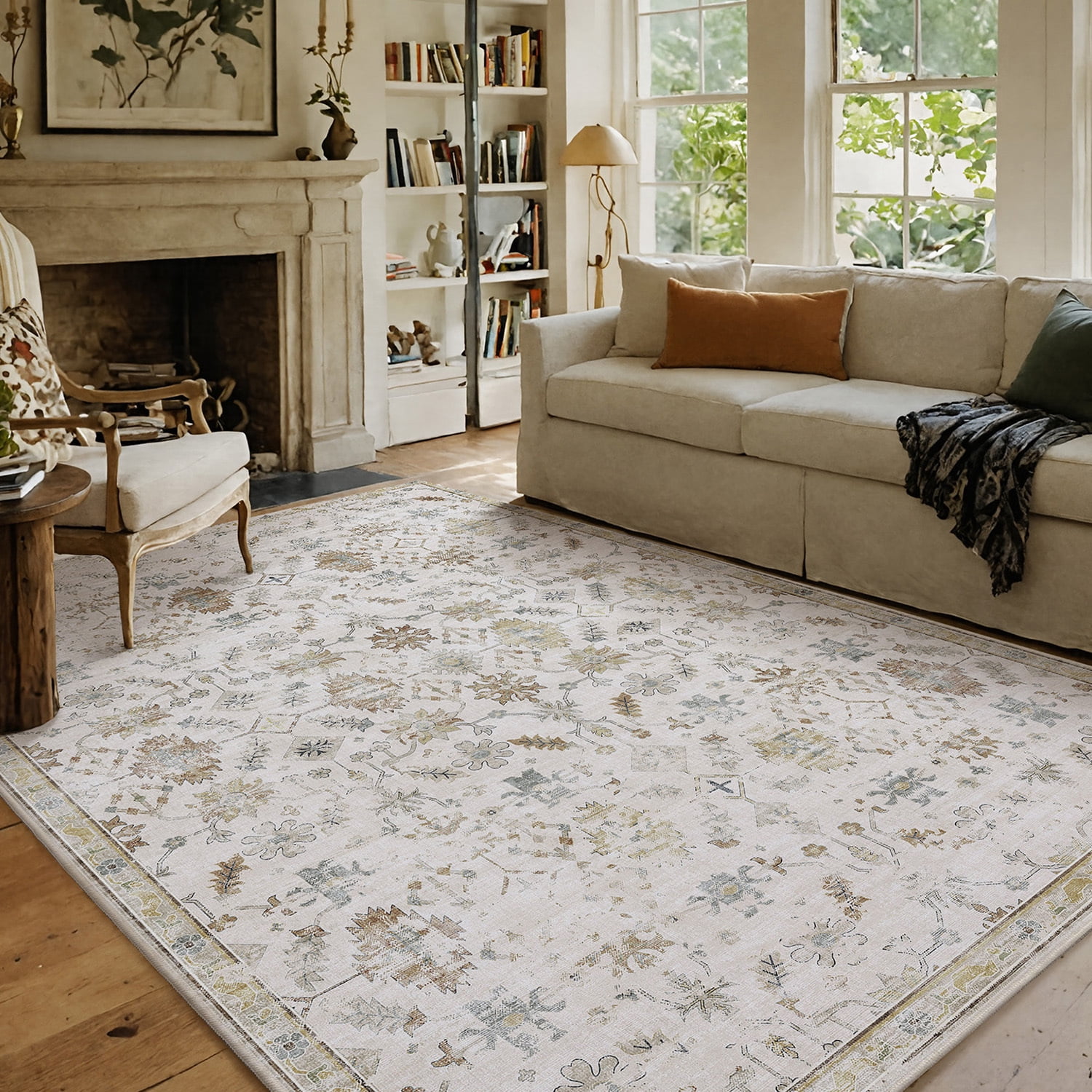 PABUBE Vintage Area Rug for Living Room , Machine Washable Retro Boho Rugs Non Slips Bedroom Rugs Large Low Pile Carpet for Dining Room Home Office