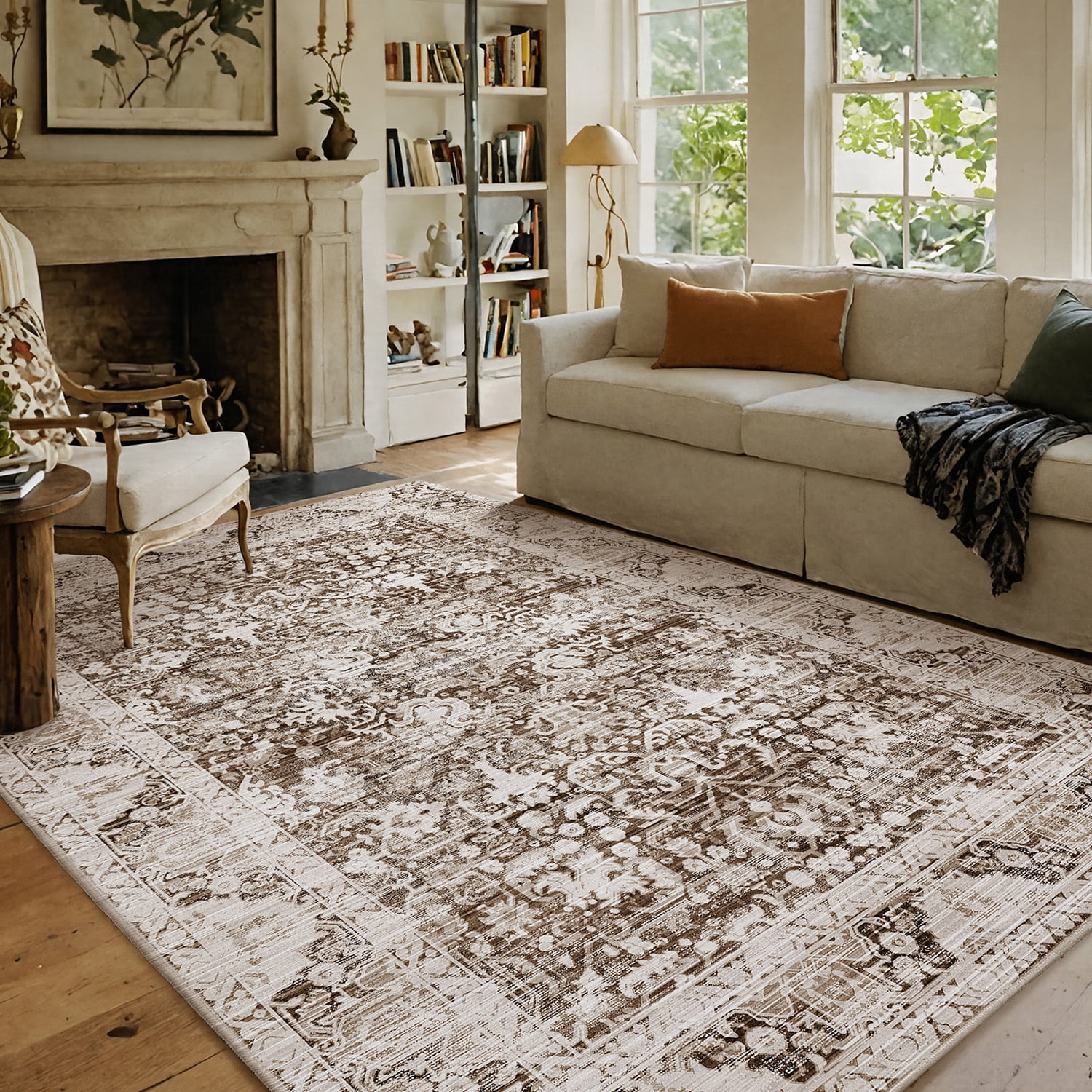 PABUBE Low Pile Boho Area Rug for Living Room, Large Retro Rug Non Slips, Machine Washable Vintage Persian Carpet for Bedroom Dining Room Home Office