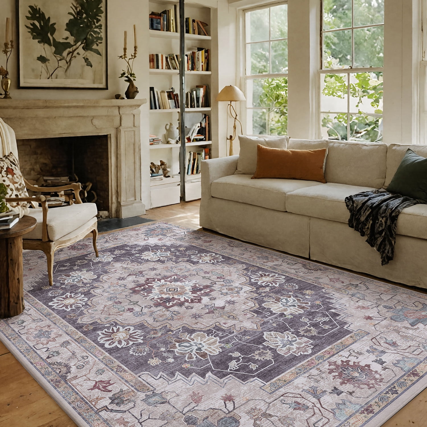 PABUBE Vintage Area Rug for Living Room , Non Slips Persian Carpet, Machine Washable Boho Large Low Pile Area Carpet for Bedroom Dining Room Home Office