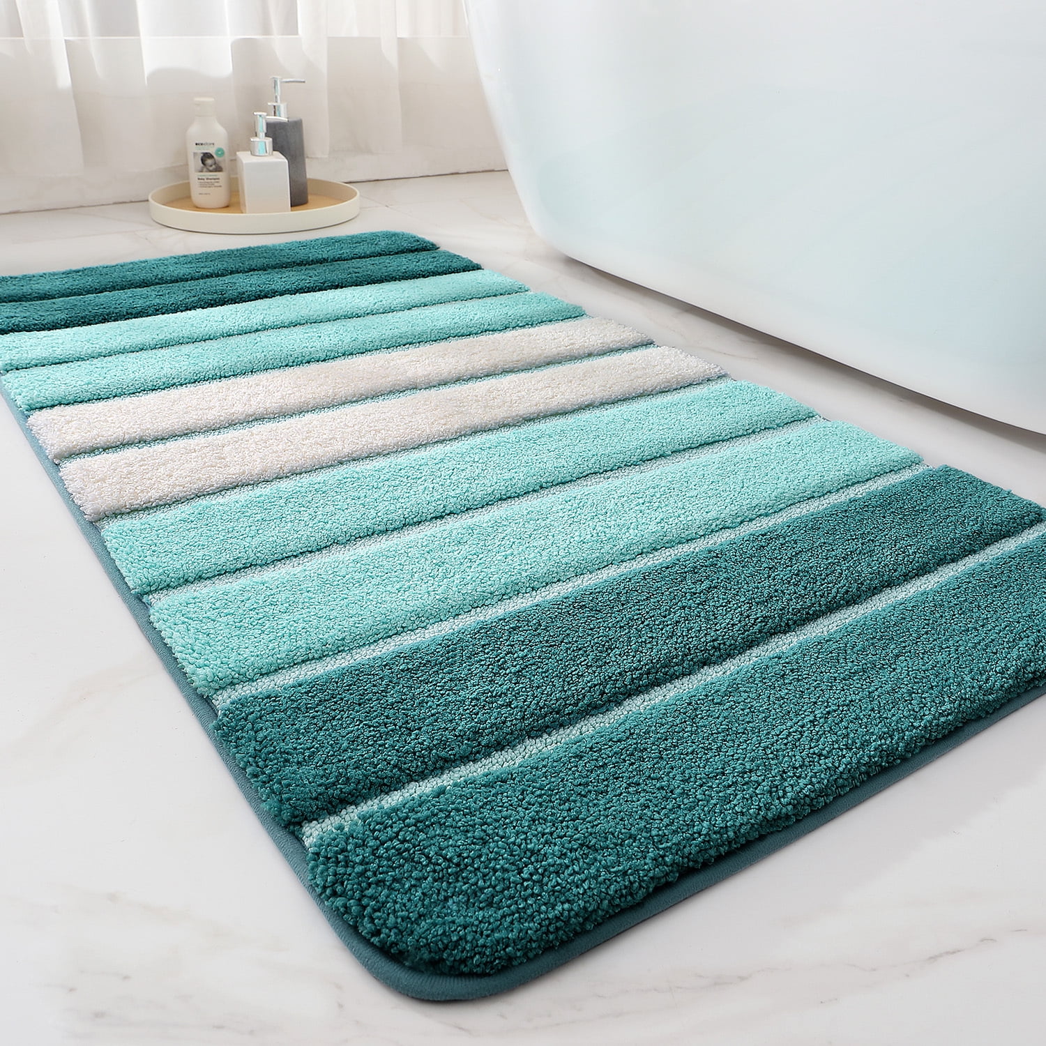 OEAKAY Bath Mat Bathroom Rug Absorbent Non-Slip Washable Shower Floor Mats Small Carpet 16"x24",Turquoise Teal and White