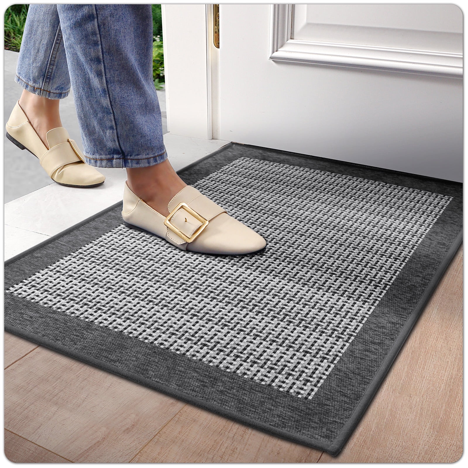 OEAKAY Door Mat Indoor Entrance Mat, Front Insider Outside Doormat, Non-Slip Washable Absorbent Low-Profile Entryway Rugs Entrance Welcome Mat, Gray Door Mat, Cross Knit Door Mat