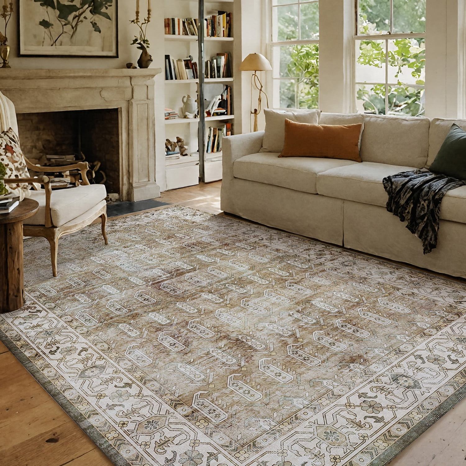 PABUBE  Area Rug for Living Room, Non Slips Vintage Persian Retro Rug, Machine Washable Boho Large Carpet Low-Pilee