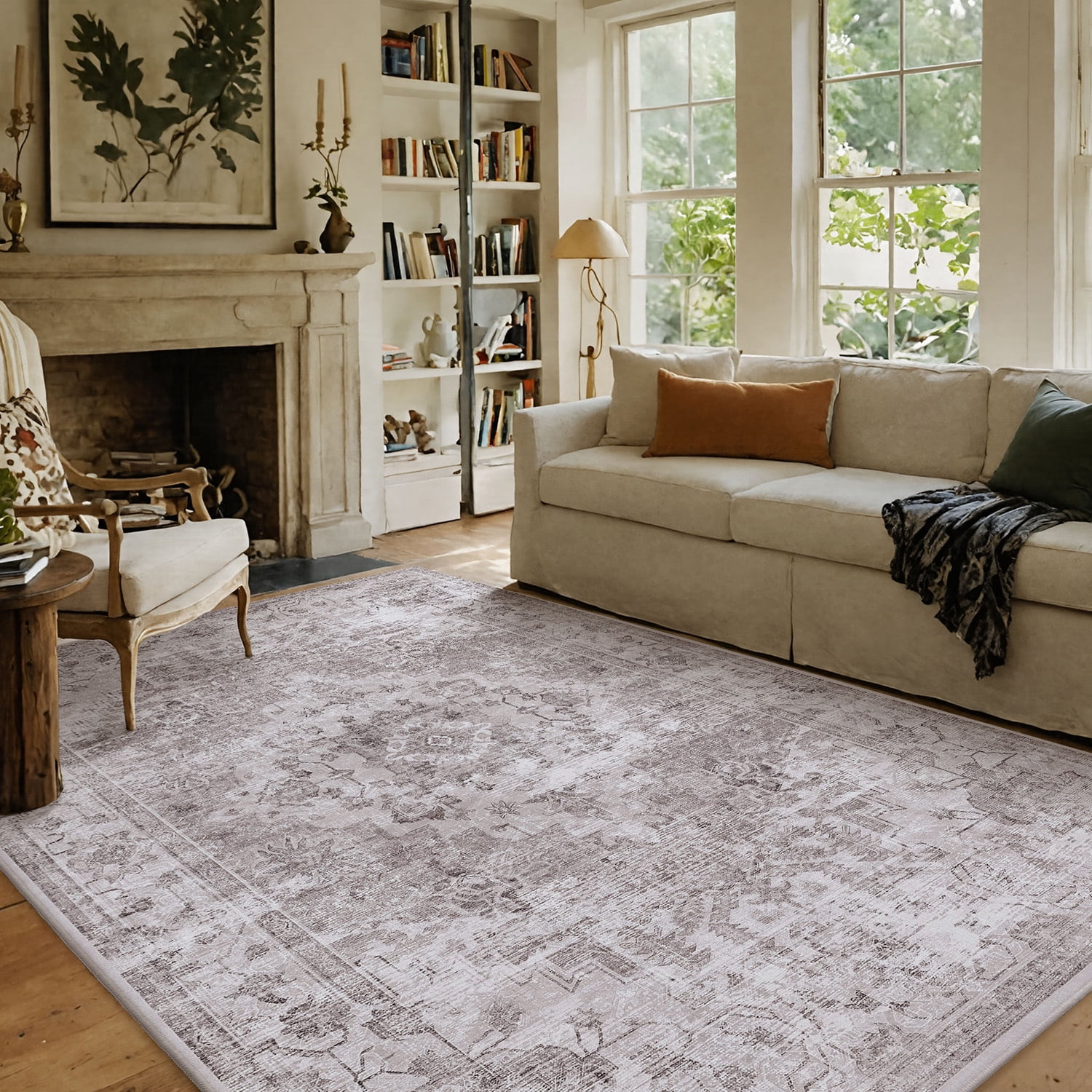 PABUBE Vintage Living Room Area Rug, Machine Washable Retro Rugs Low Pile Boho Retro Carpet Large Throw Rug Bedroom Rugs with Non Slips Backing