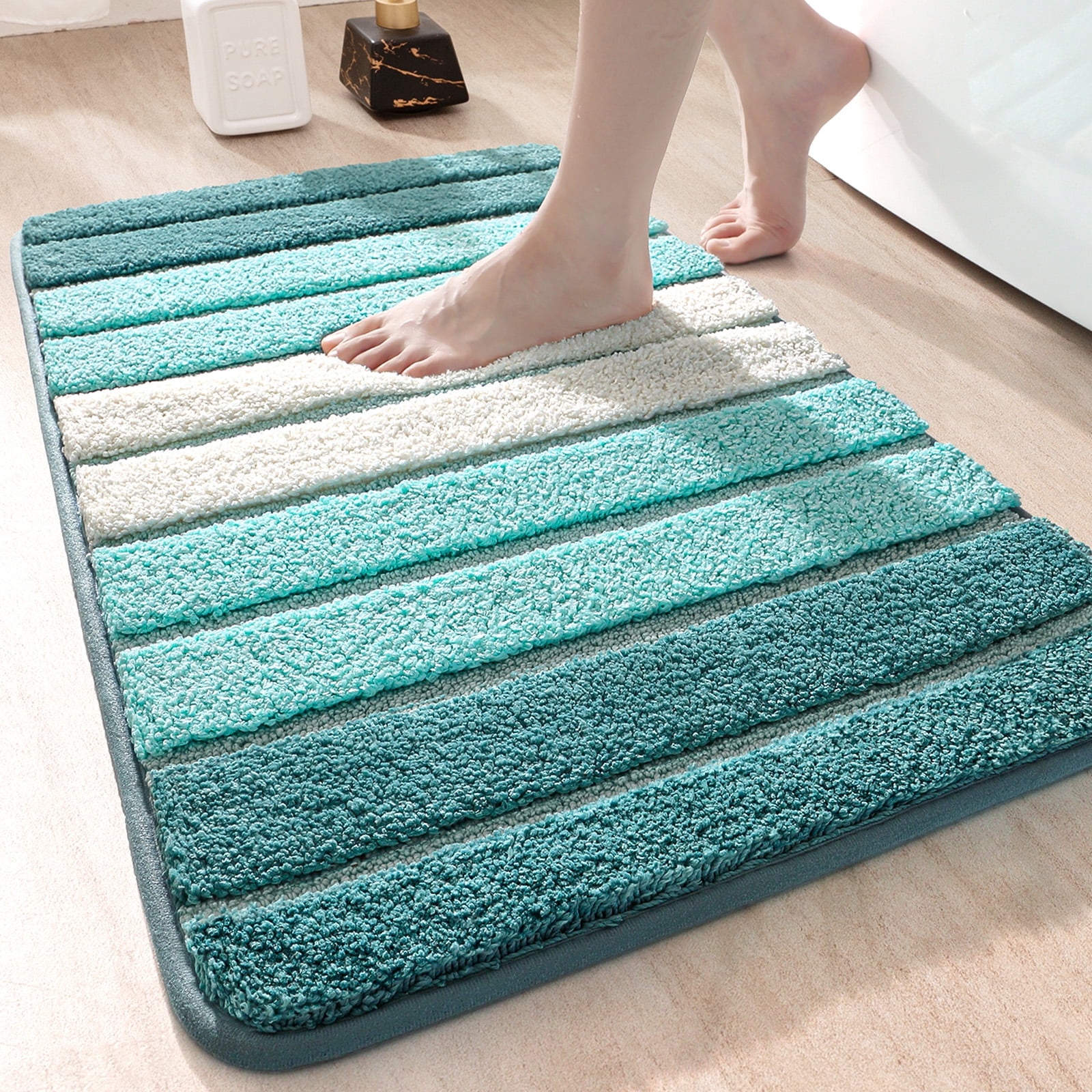 OEAKAY Bath Mat Bathroom Rug Absorbent Non-Slip Washable Shower Floor Mats Small Carpet 16"x24",Turquoise Teal and White