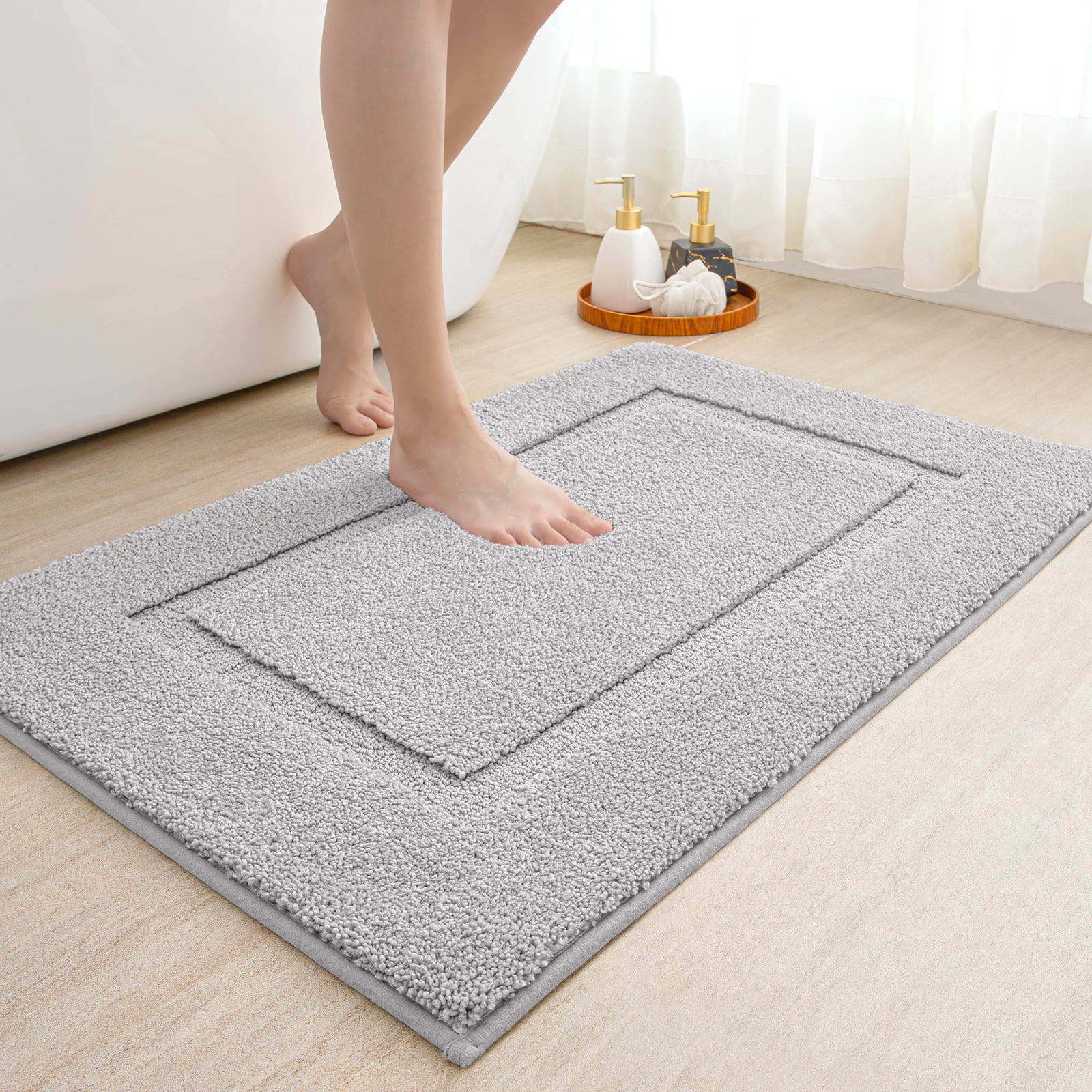 OEAKAY Bathroom Rug, Super Absorbent Bathroom Mat and Rug, Premium Microfiber Shag Bath Rug, Non-Slip Bath Mat for Bathroom Floor Machine Washable (24"x16", Beige)