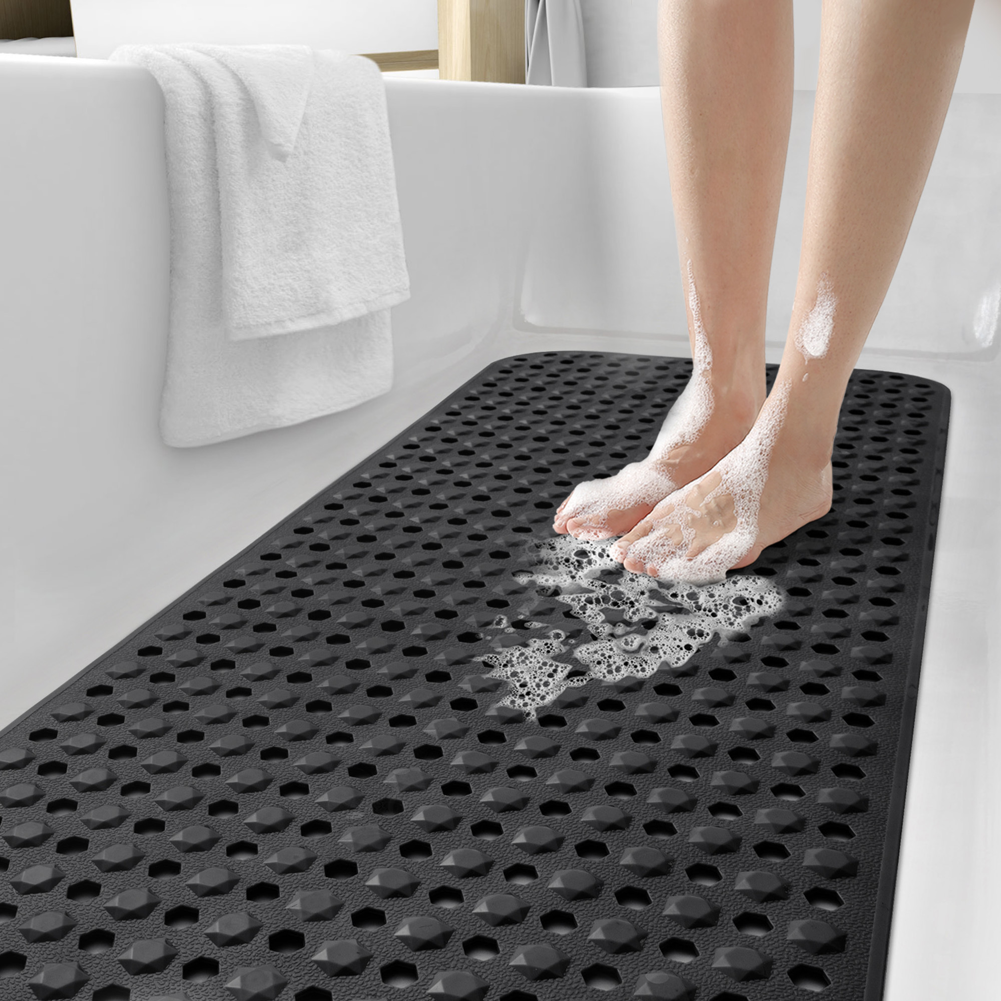 PABUBE Bathtub Mat, Non Slips Bath Mat, Machine Washable Bathroom Mat, Soft Absorbent Bathmat Bath Rug, Bathroom Rug and Mat for Bathroom Floor Black(16"x39")