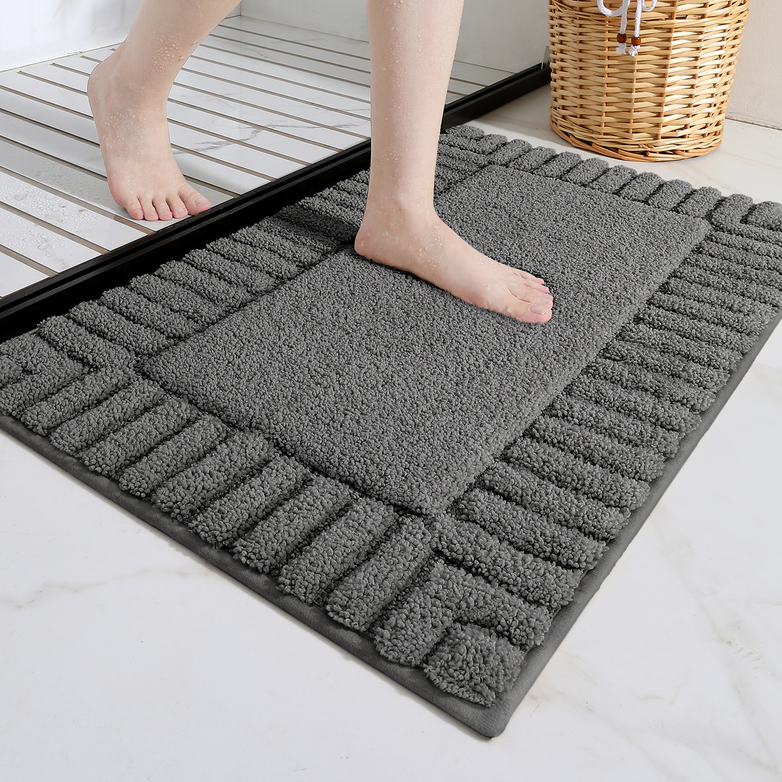 PABUBE Bathroom Rugs, Absorbent Bath Mats Rugs for Bathroom Floor Non Slip Non Skid, Soft Shag Microfiber Machine Washable Shower Bath Mat for Bathroom Decor