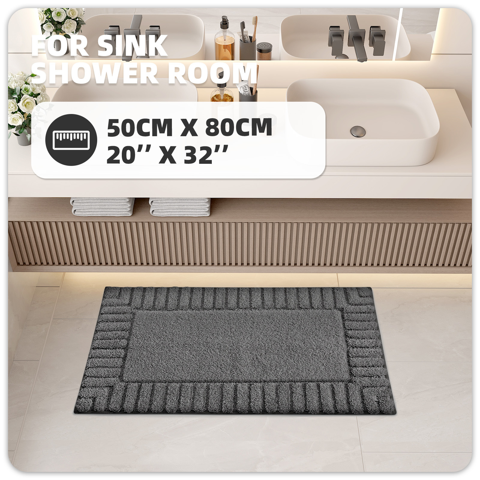 PABUBE Bathroom Rugs, Absorbent Bath Mats Rugs for Bathroom Floor Non Slip Non Skid, Soft Shag Microfiber Machine Washable Shower Bath Mat for Bathroom Decor