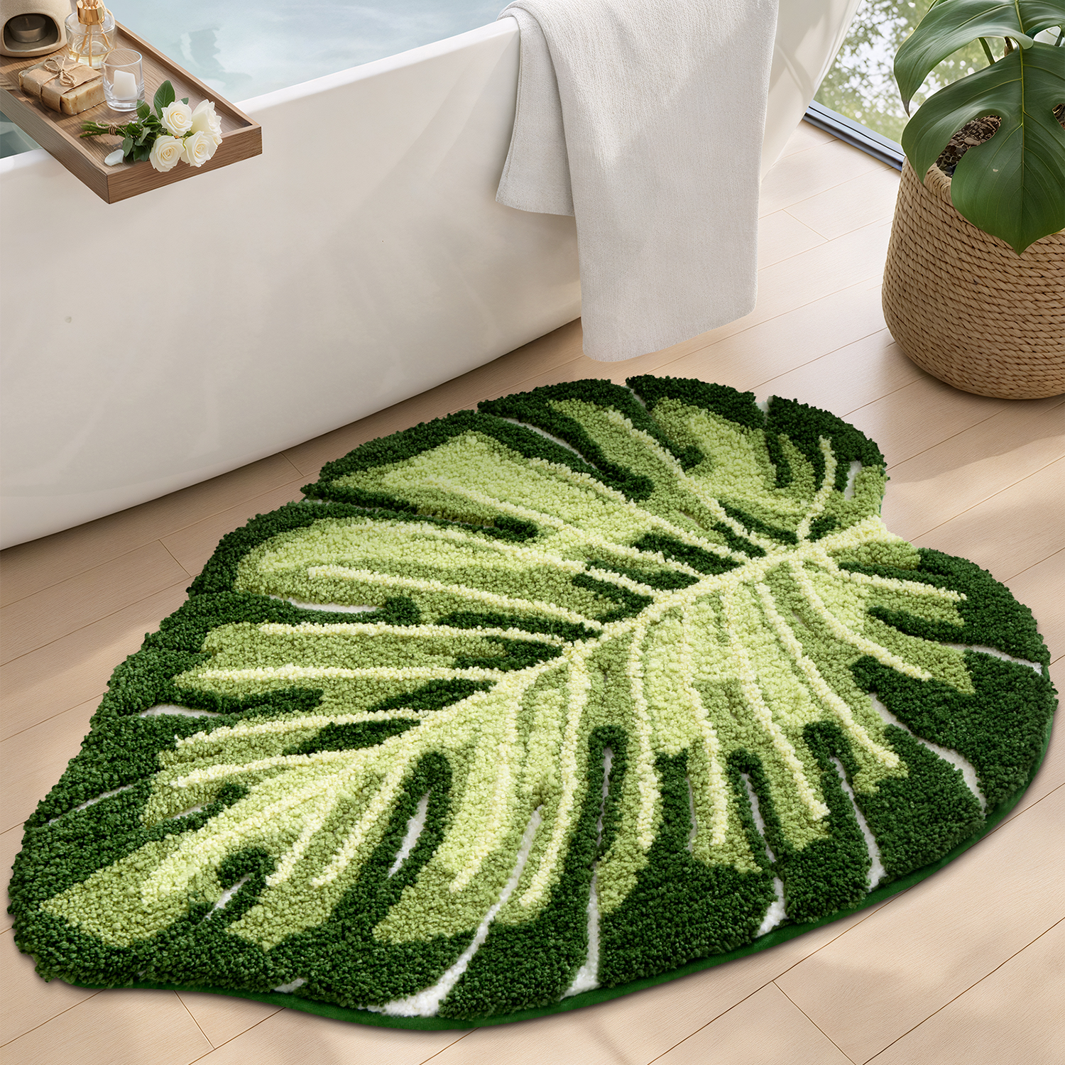 PABUBE Monstera Leaf Bathroom Rug, 24"x32", Cute Green Plush Bath Mat, Fluffy Soft & Absorbent, Non-Slip and Machine Washable Bath Rug for Bathroom Floor