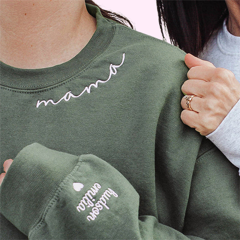 Custom Mama Embroidered Sweatshirt with Kids Names sleeve-New Mom Gift Personalized, Mother's Day
