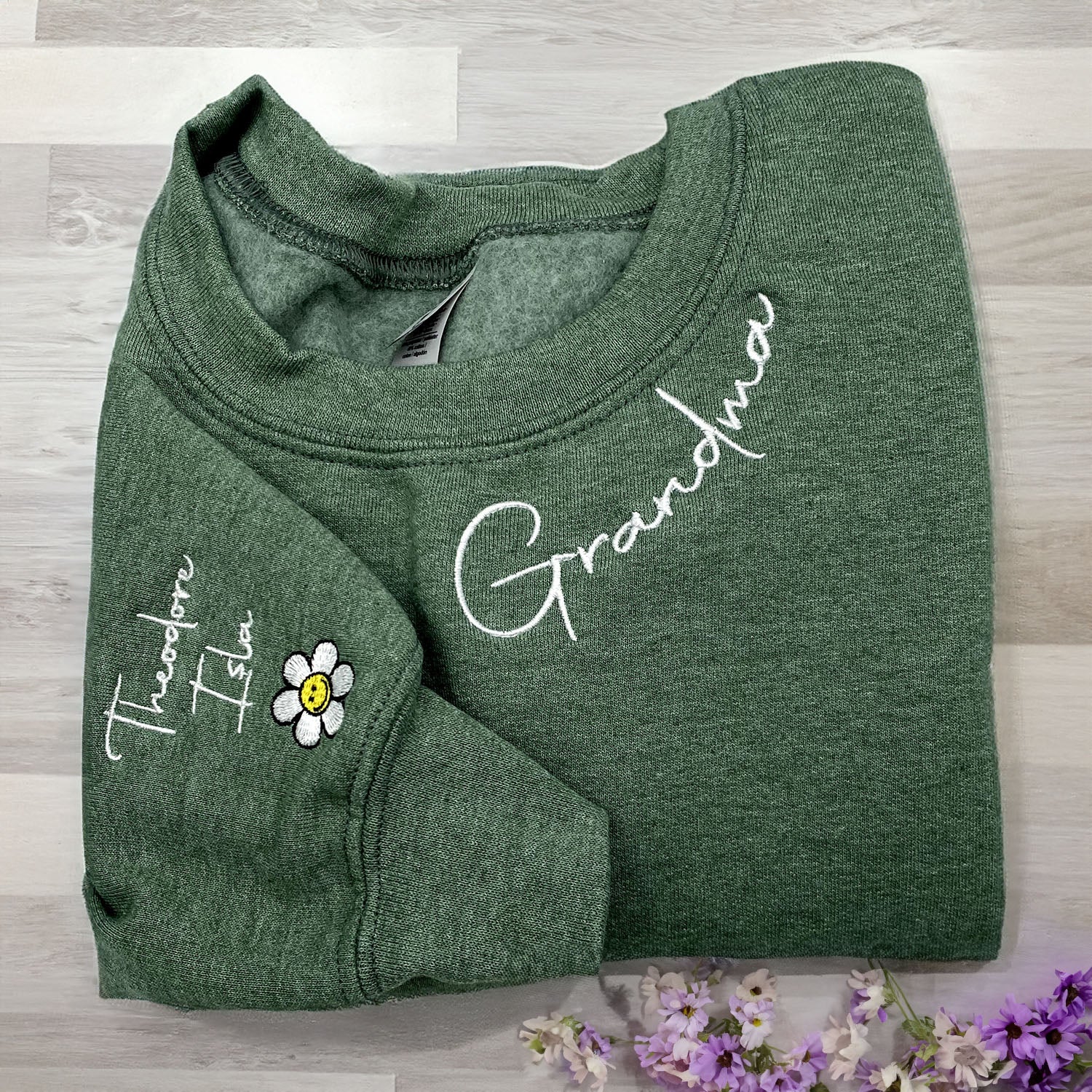 Custom Embroidered Grandma Sweatshirt with GrandKids Names on Sleeve, Personalized Gift for Grandma, New Grandma Mother's Day Birthday Gift