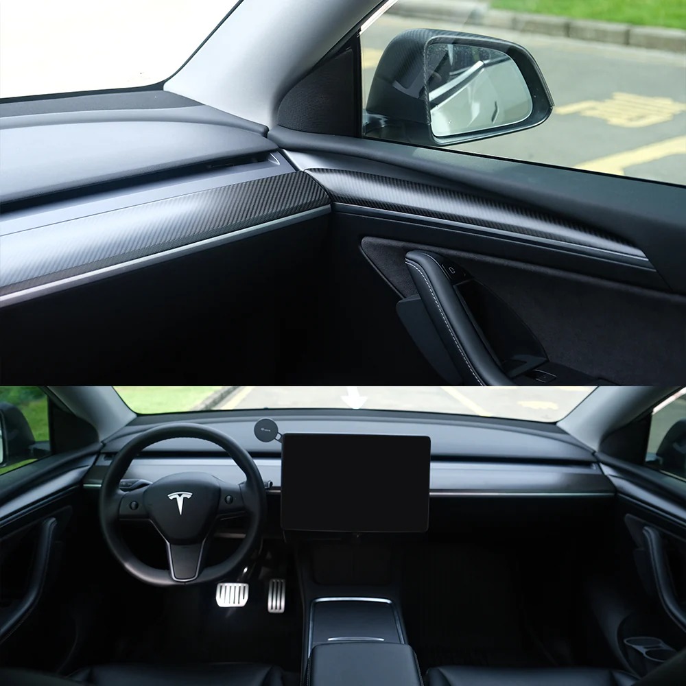 Carbon Fiber Dashboard Cover Wrap & Inner Front Door Trim for Model 3/Y