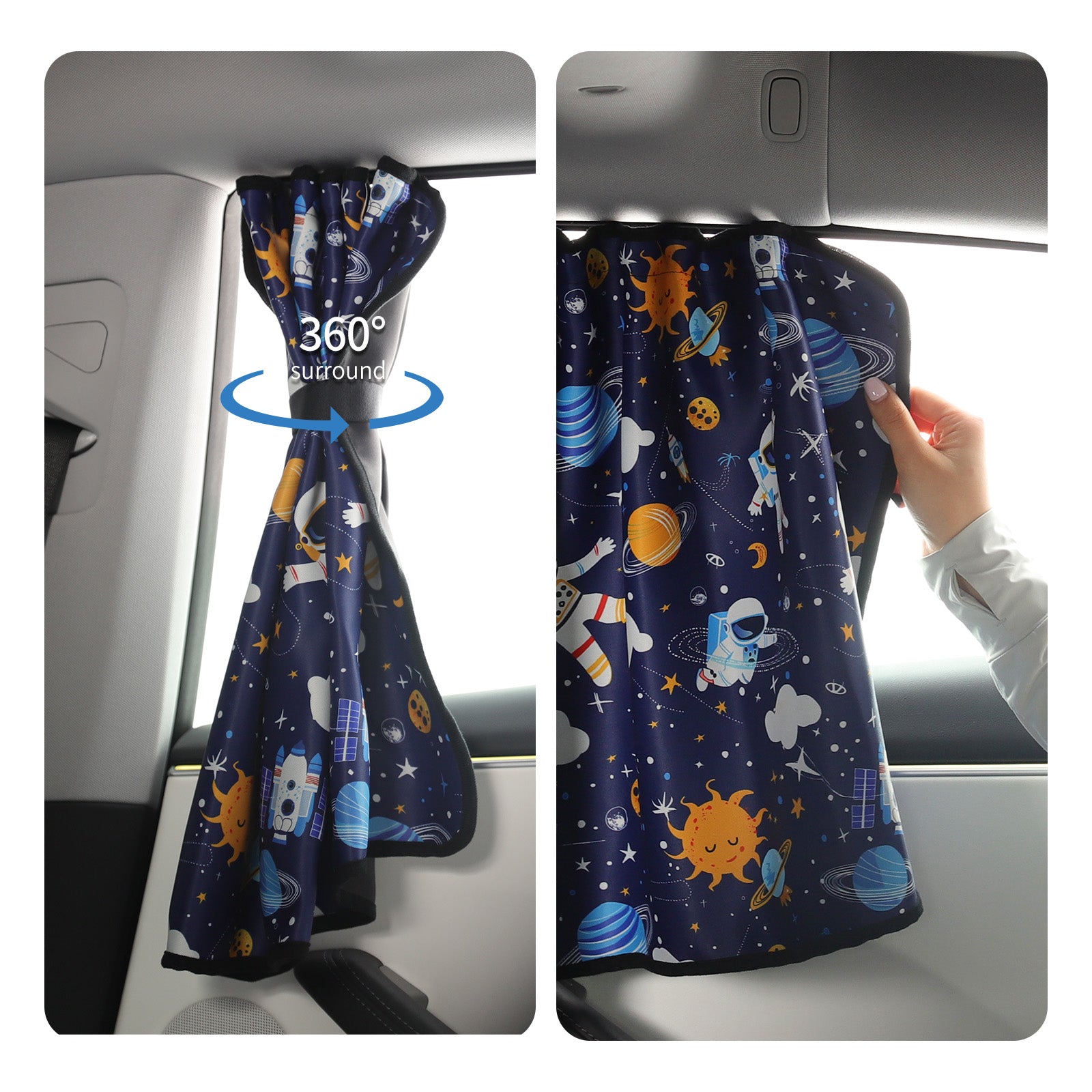Rear Side Sunshade Curtain with Cartoon Astronaut and Planet Prints for Model 3/Y