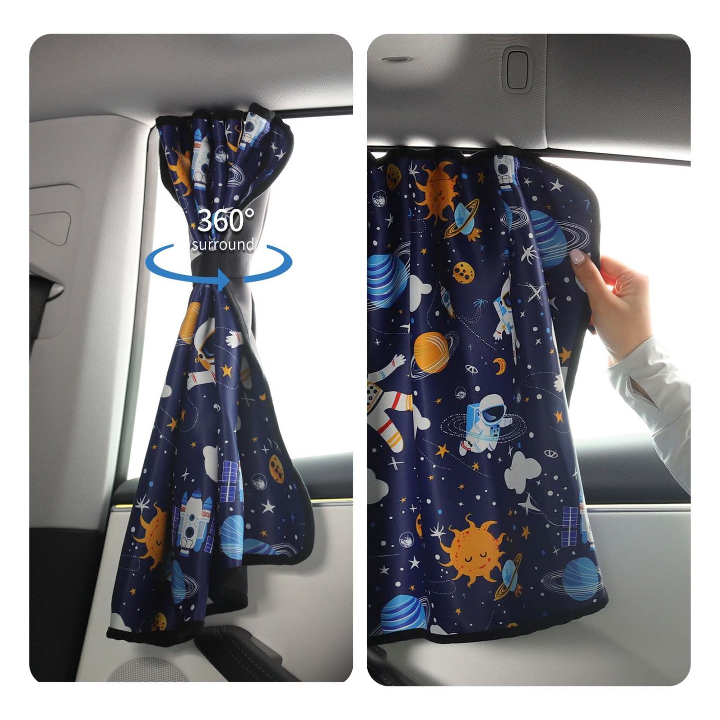 Rear Side Sunshade Curtain with Cartoon Astronaut and Planet Prints for Model 3/Y