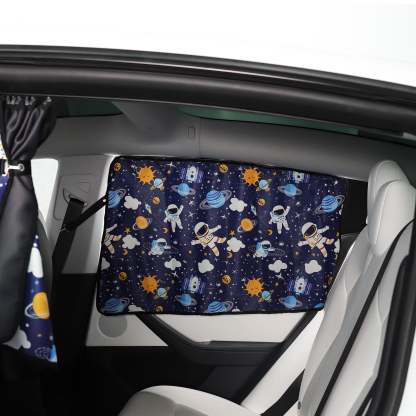 Rear Side Sunshade Curtain with Cartoon Astronaut and Planet Prints for Model 3/Y