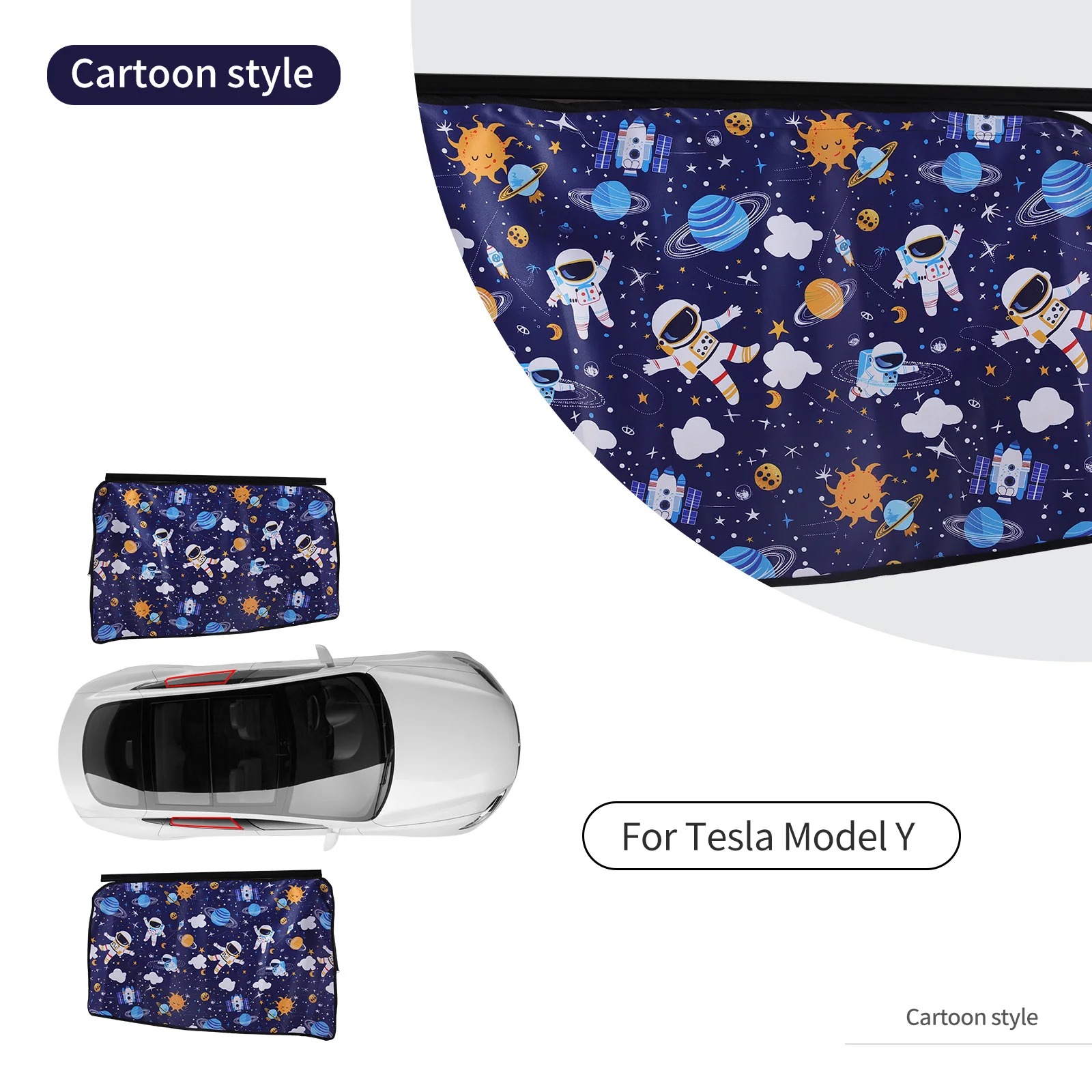 Rear Side Sunshade Curtain with Cartoon Astronaut and Planet Prints for Model 3/Y