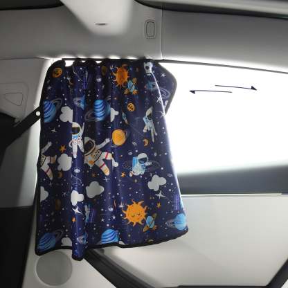Rear Side Sunshade Curtain with Cartoon Astronaut and Planet Prints for Model 3/Y