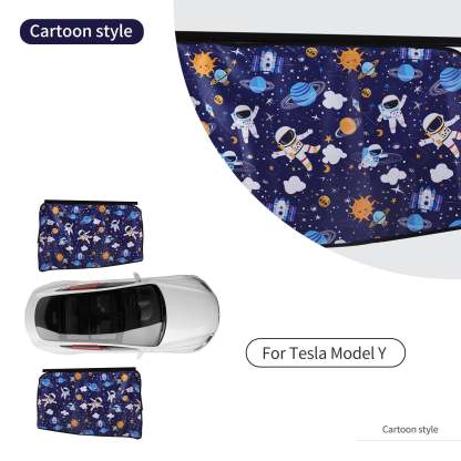 Rear Side Sunshade Curtain with Cartoon Astronaut and Planet Prints for Model 3/Y