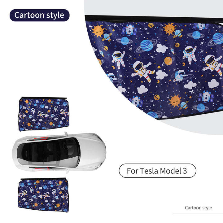 Rear Side Sunshade Curtain with Cartoon Astronaut and Planet Prints for Model 3/Y