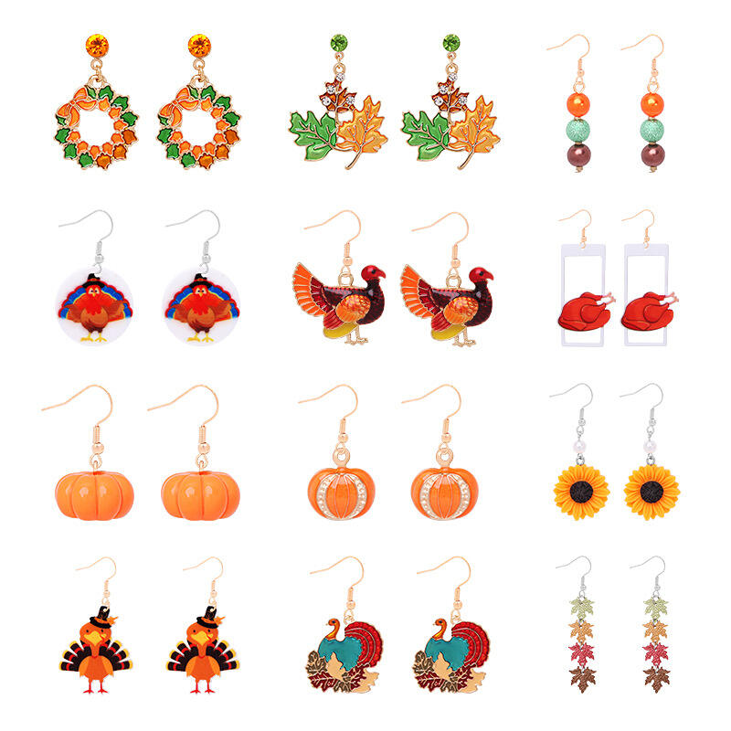 European and American cross-border supply new Thanksgiving earrings for women creative alloy dripping oil pumpkin maple leaf turkey earrings earrings