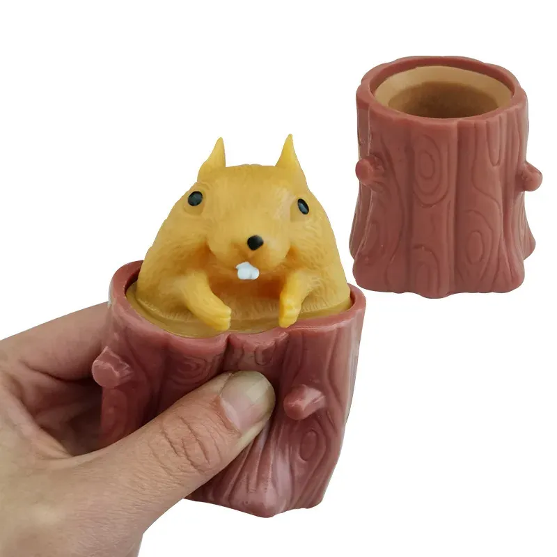 Cute Animal Squirrel Squeeze Squirrel Vent Squirrel Cup Decompression Toy Stump Rubber Stake Fidget Toys Gift For Friends