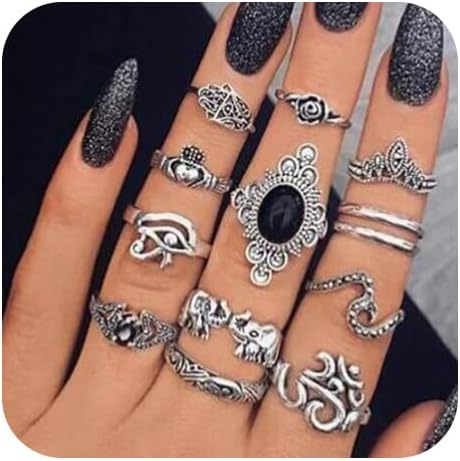Missgrace Bohemian Vintage Knuckle Ring Set Vintage Silver Carving Black Stone Boho Stackable Rings for Women 14 Pcs (Style 7)