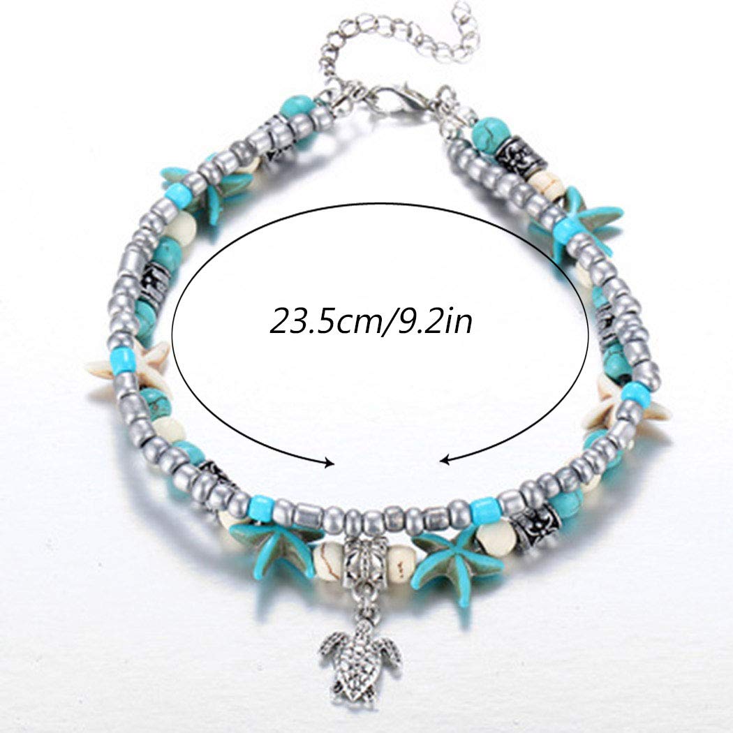 Boho Layered Beads Anklets Silver Starfish Ankle Bracelet Beach Turquoise Foot Chain Jewelry for Women and Girls (Sea turtle)