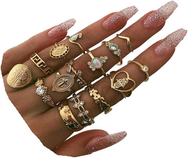 9-15 Pieces Stackable Knuckle Ring Set,Boho Vintage Crystal Stacking Midi Finger Rings for Women Teen Girls Fashion Multiple Rings Pack Size 5-10