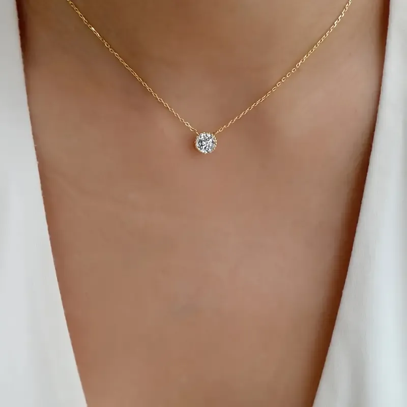 Elegant Simple Style Solitaire Round Diamond Pendant Necklace, Round Cut Pendant Versatile Jewelry For Everyday Wear