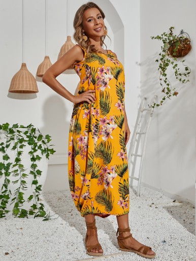 Floral  Tropical Print Backless Dress
