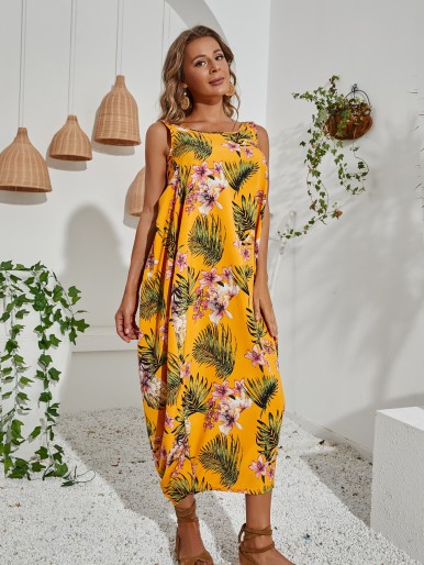 Floral  Tropical Print Backless Dress