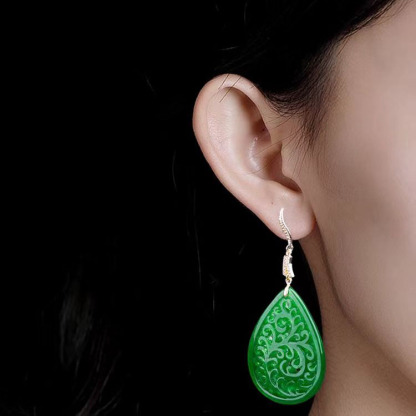 Engraved Jade Teardrop Earrings Jade Women's Earrings